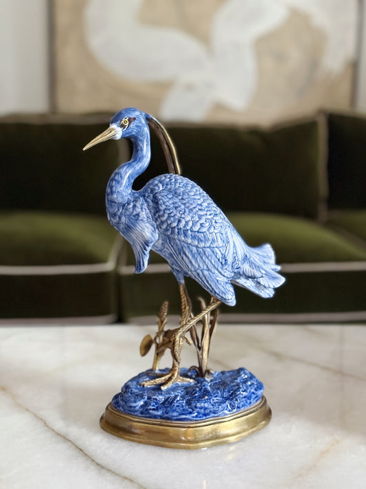 Hand-Painted Blue and White Heron Porcelain Sculpture with Bronze Ormolu Base