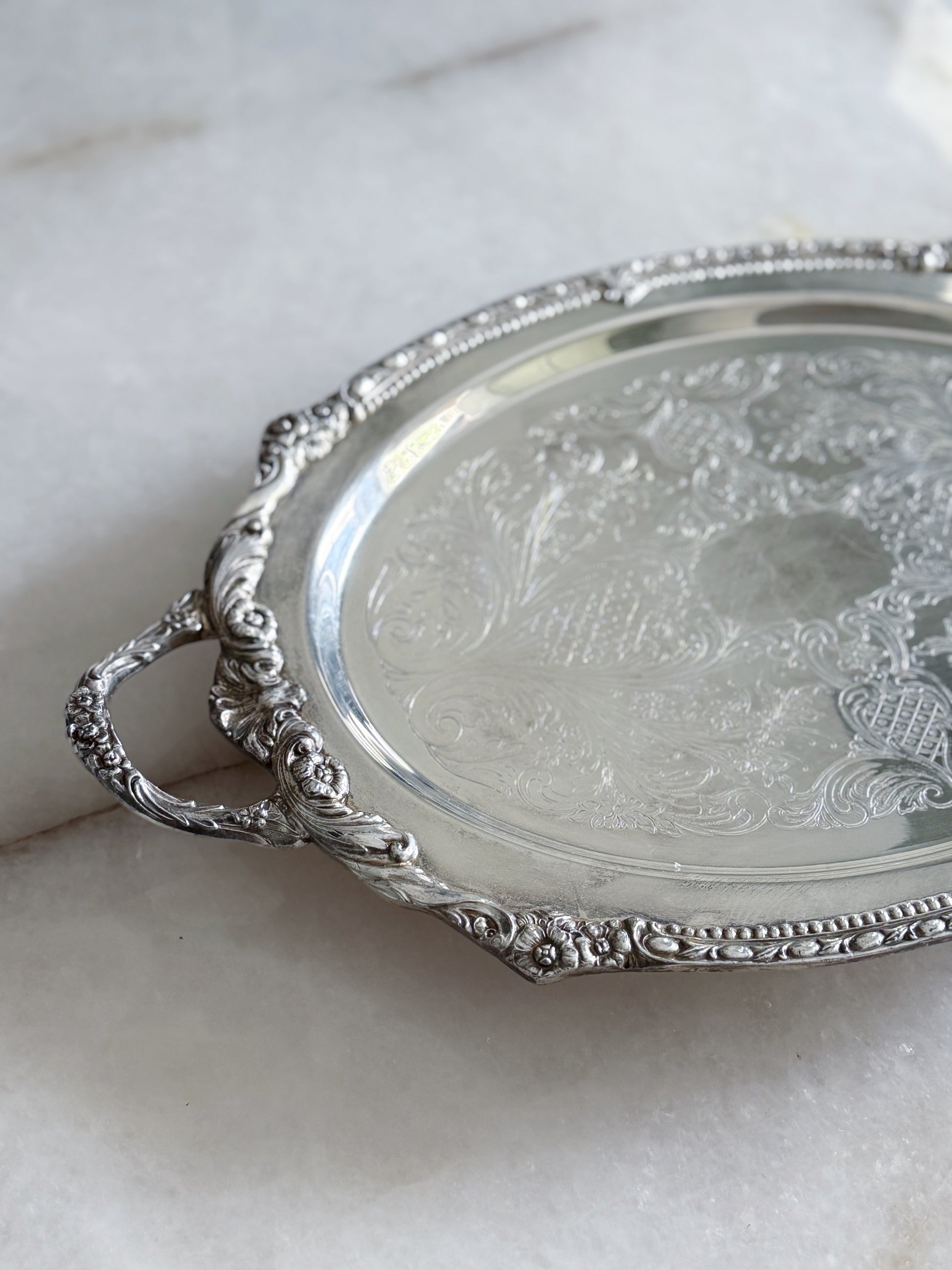 Vintage Large Silver Embossed Footed Serving Tray