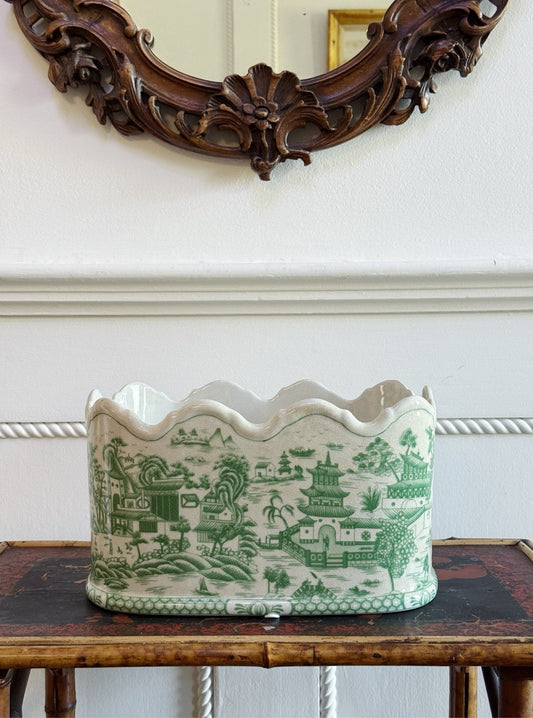 Green willow porcelain planter, front view