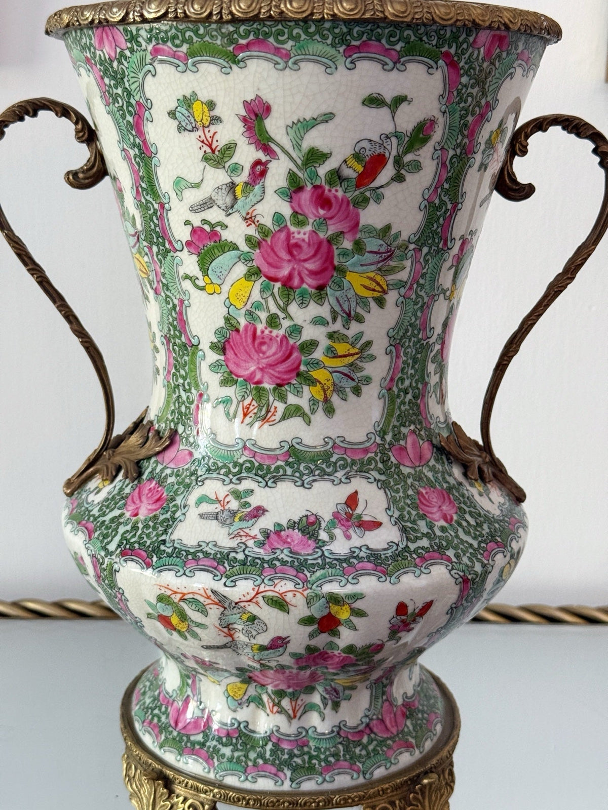 Rose medallion vase with pink roses and birds, front view