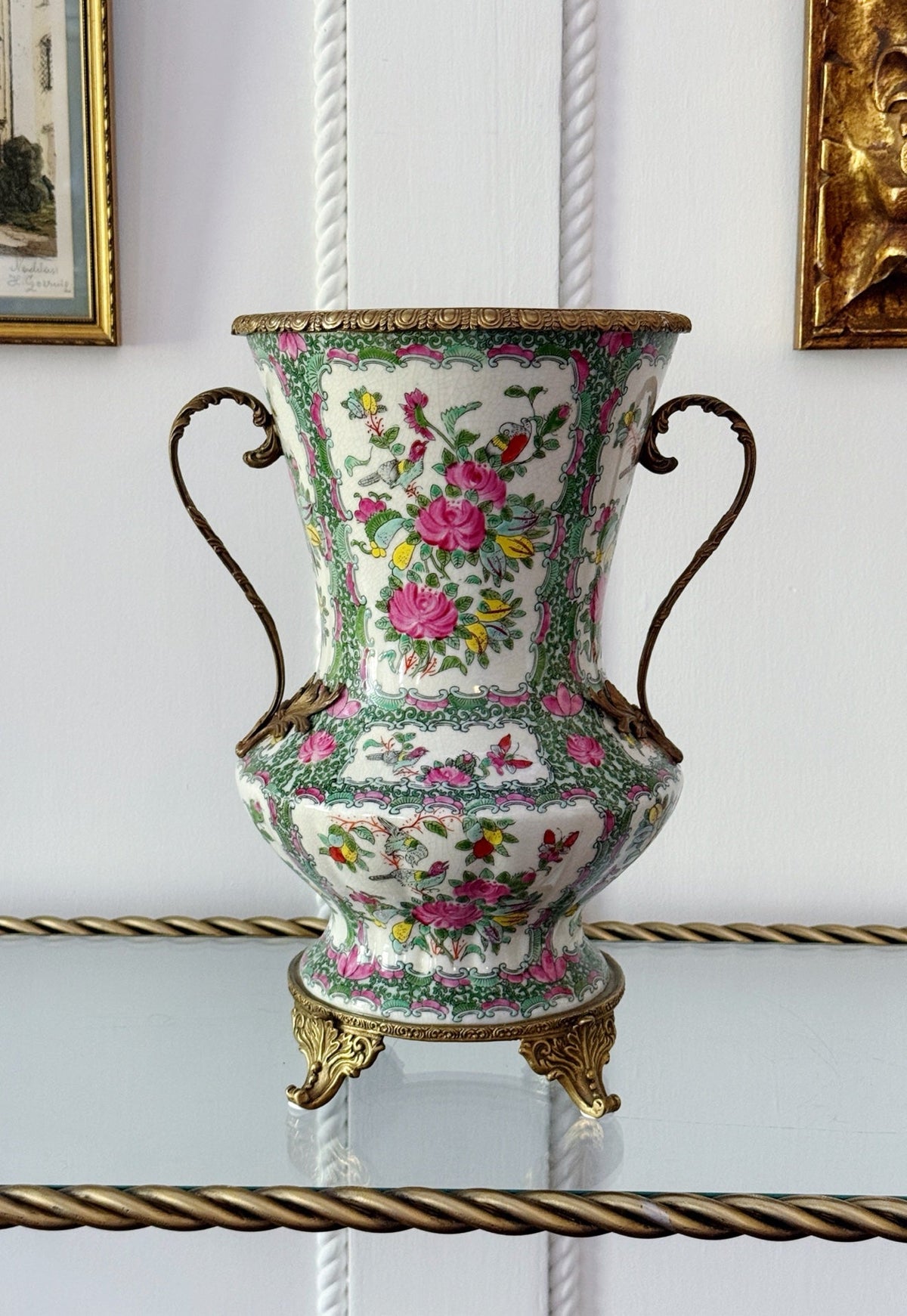 Rose medallion porcelain vase with bronze ormolu, front view
