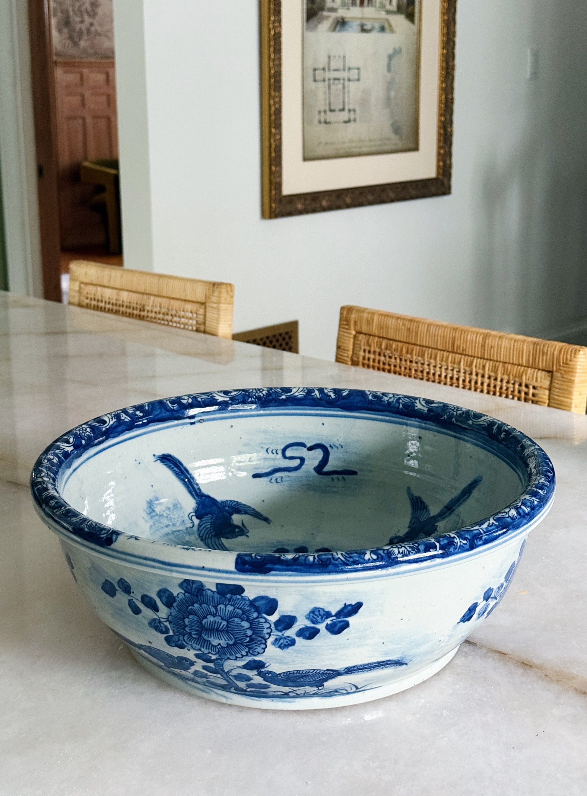 Blue & White Porcelain Bird & Flower Bowl