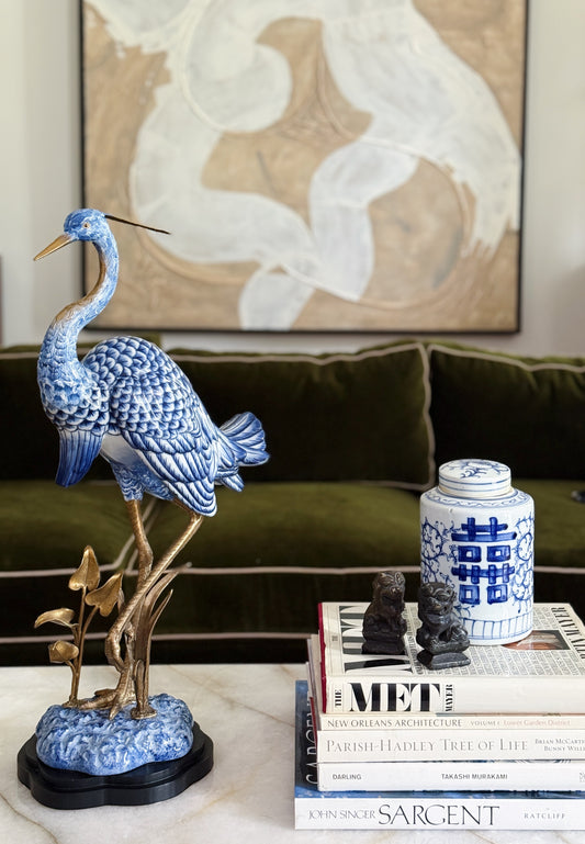 Large Blue & White Porcelain Egret Sculpture In. A designer living room 