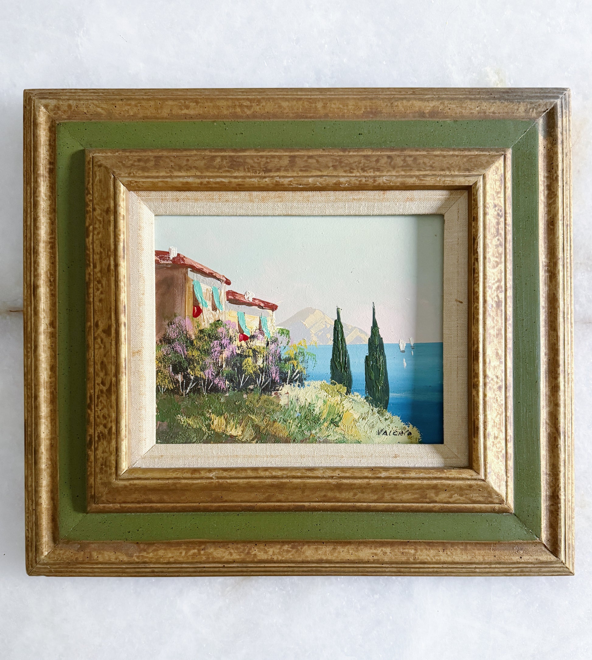 Vintage Mediterranean Coastal Oil Painting | Framed Vintage Art