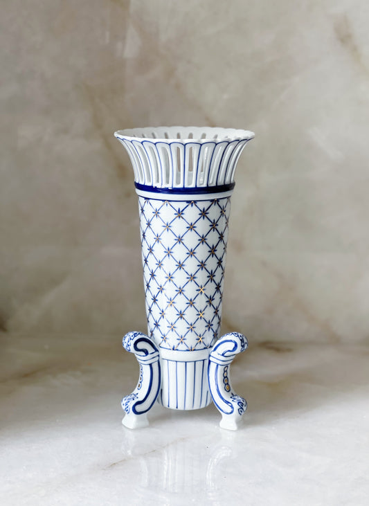 vintage blue and white porcelain pedestal vase 