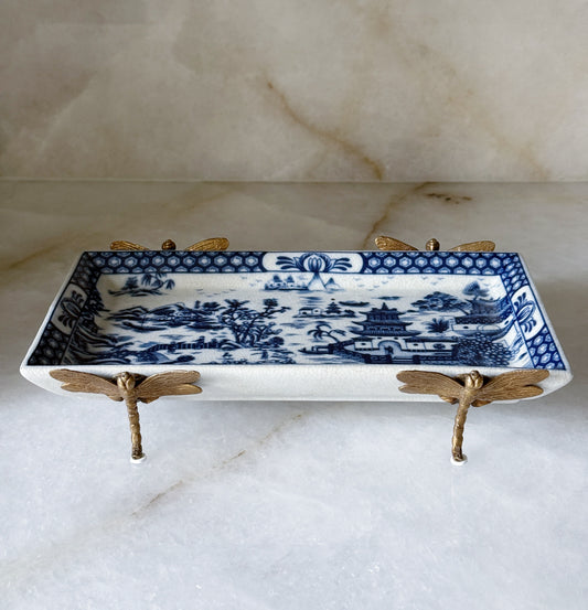 Blue & White Porcelain Tray with Bronze Dragonfly Feet