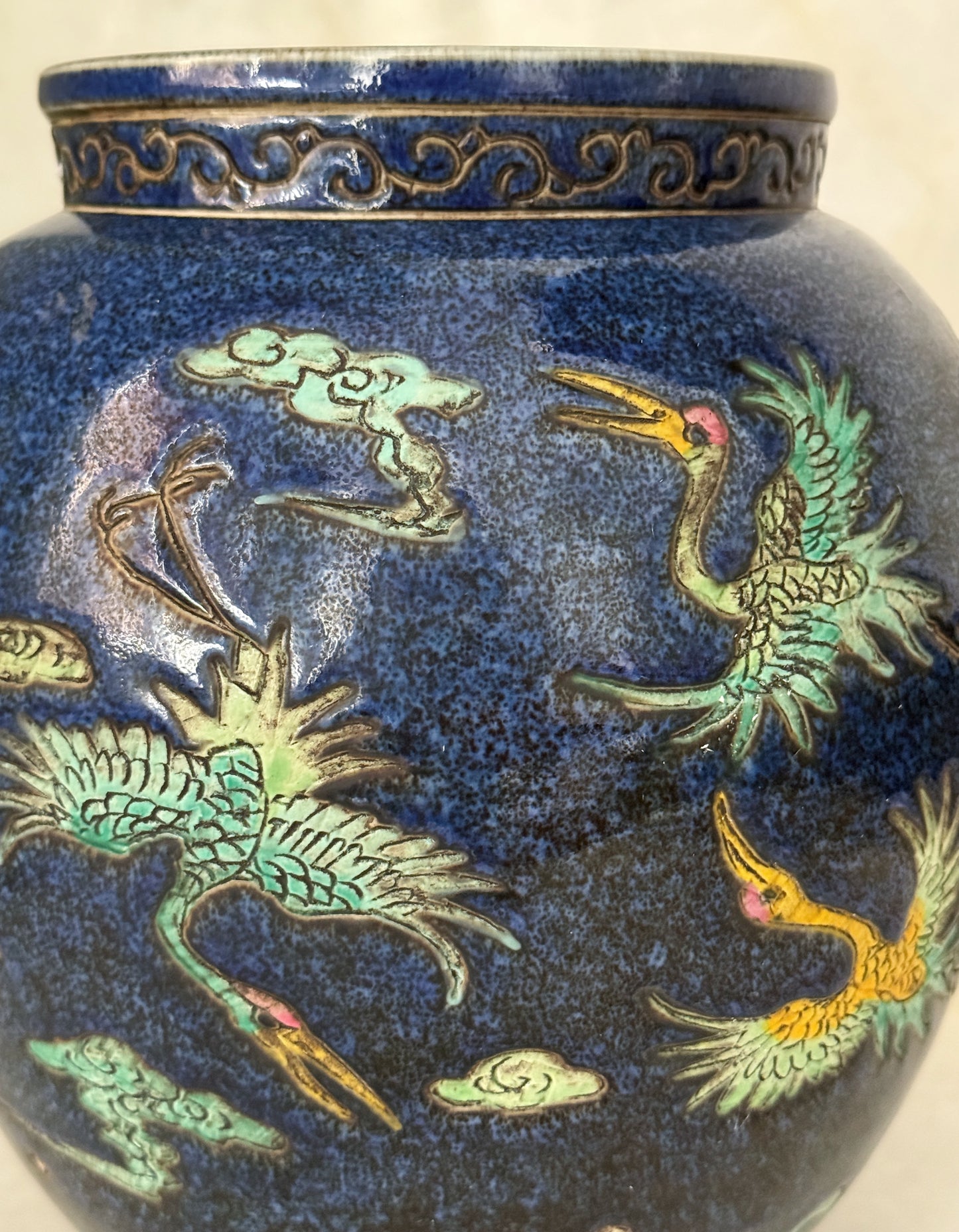 Vintage Blue Ceramic Jardiniere with Foo Dog Handles & Phoenix Design