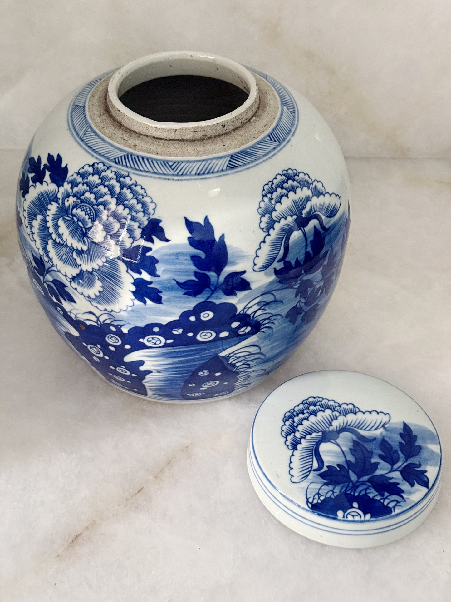 Blue & White Chinoiserie Peony Ginger Jar