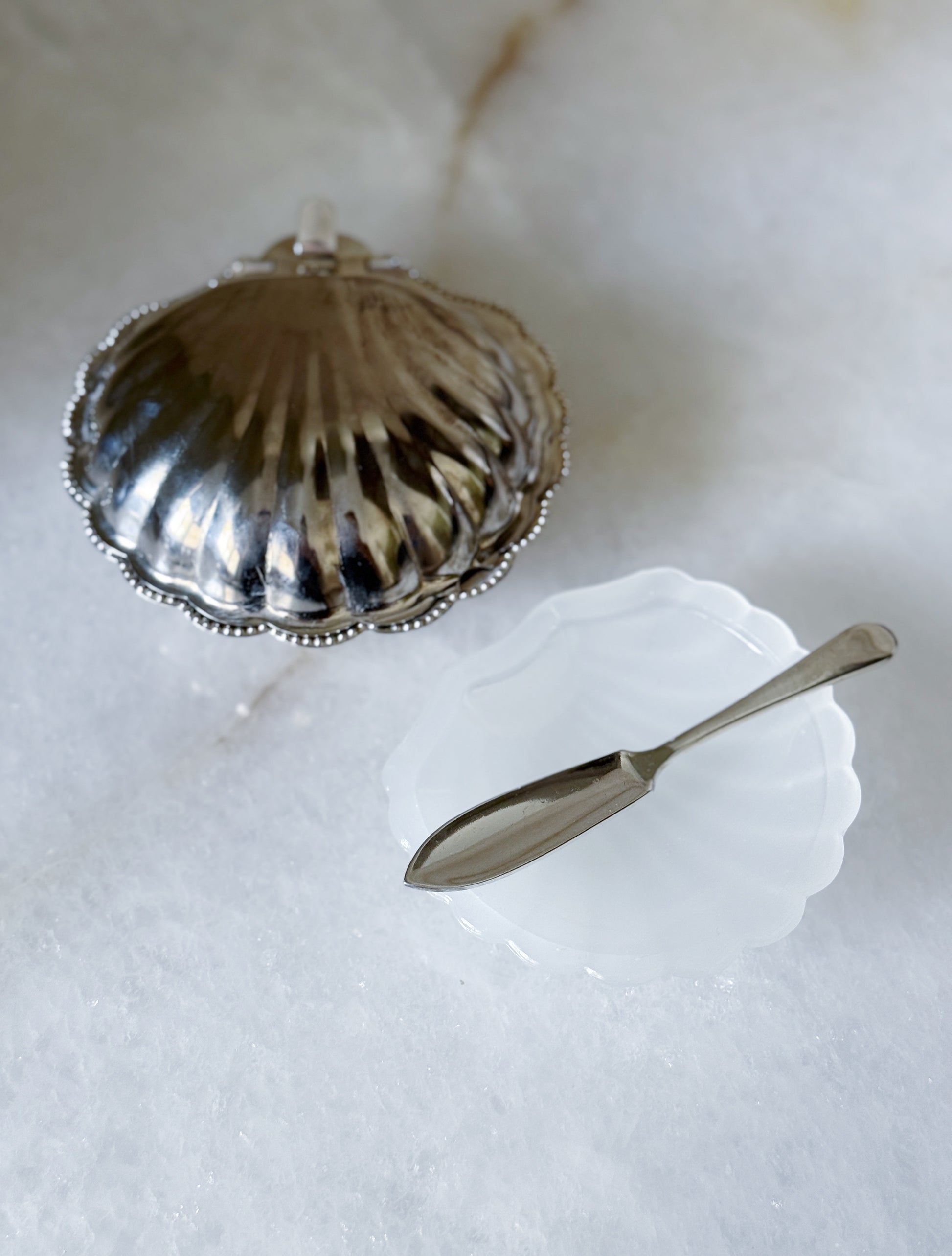 Vintage Silver Shell Caviar Dish with Milk Glass Liner