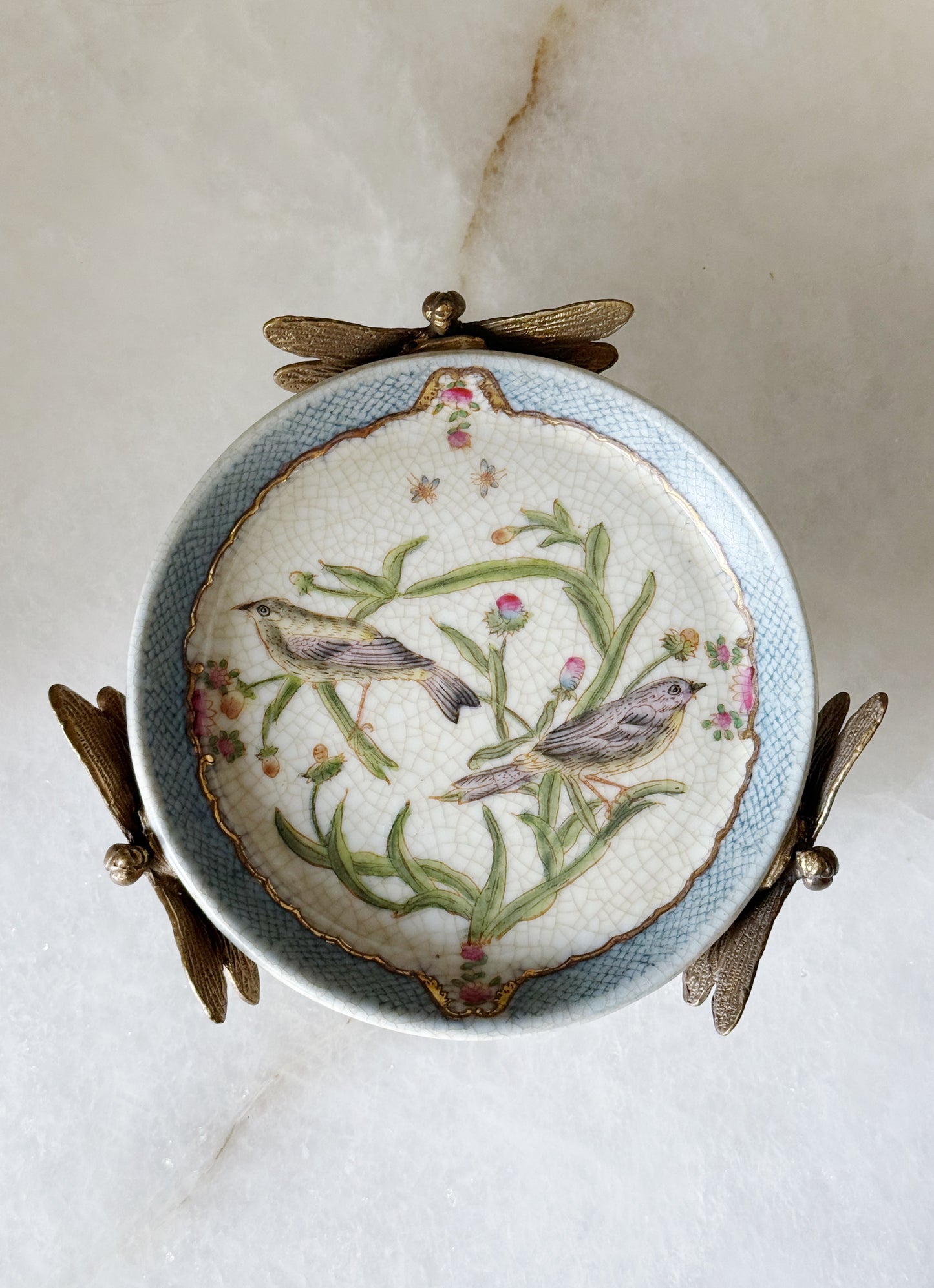 Song Bird Porcelain Dish with Dragonfly Bronze Ormolu Detailing 