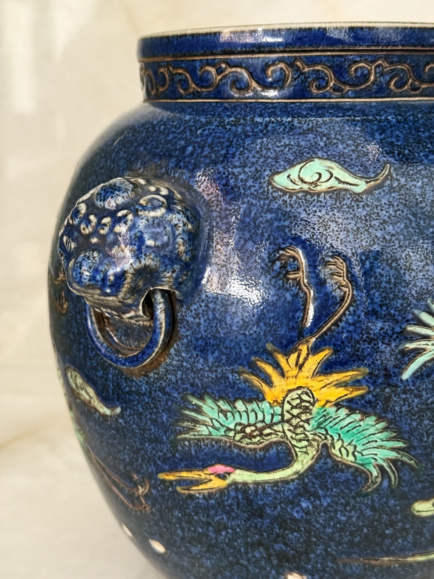 Vintage Blue Ceramic Jardiniere with Foo Dog Handles & Phoenix Design