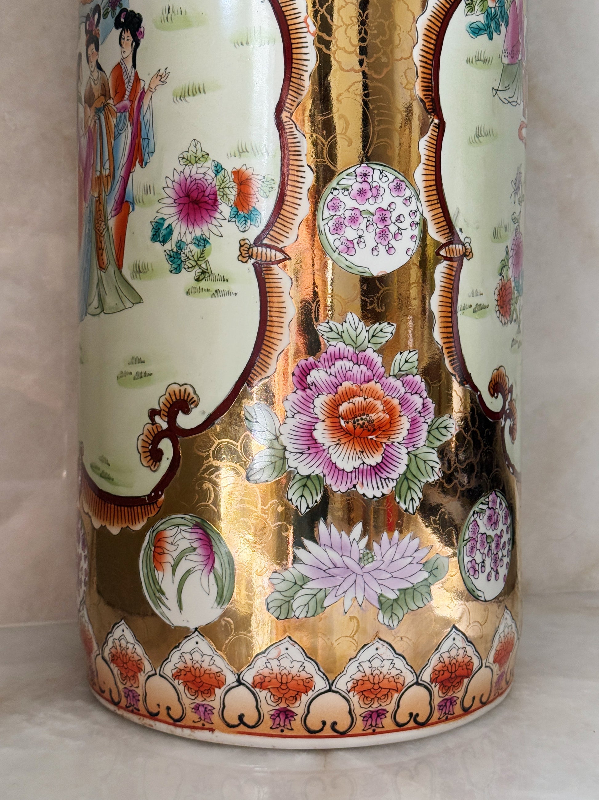 Vintage Hand-Painted Chinoiserie Porcelain Umbrella Stand