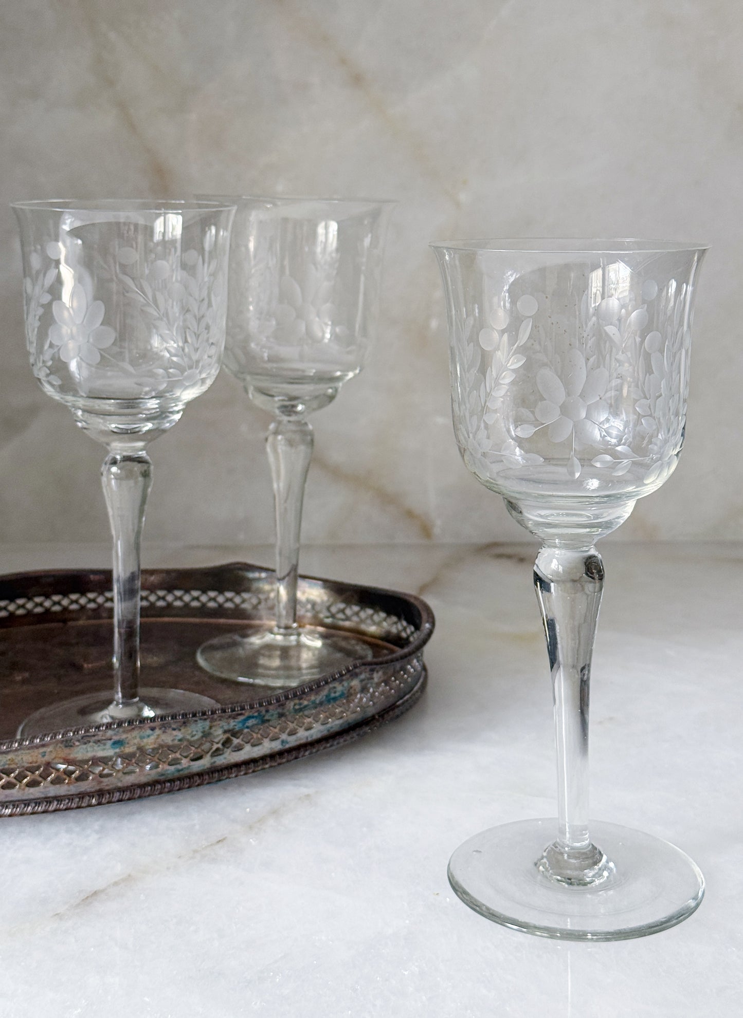 Set of Four Etched Floral Wine Goblets