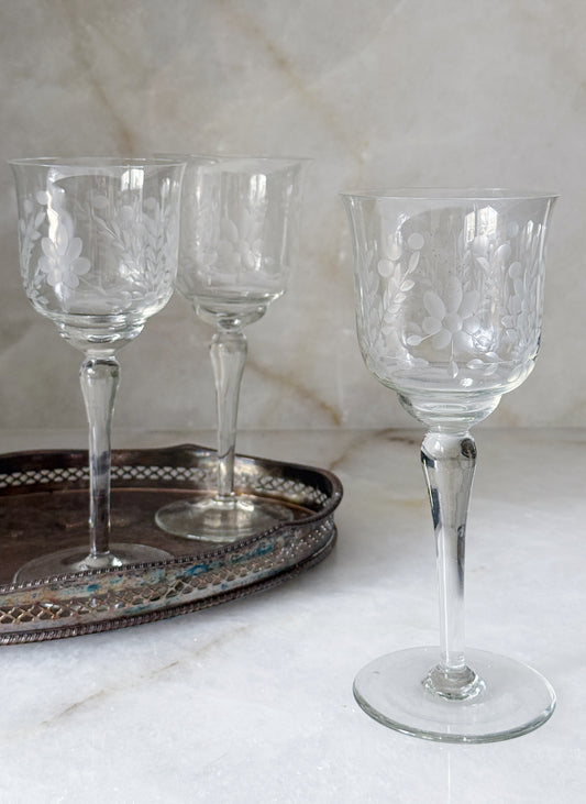 Set of Four Etched Floral Wine Goblets