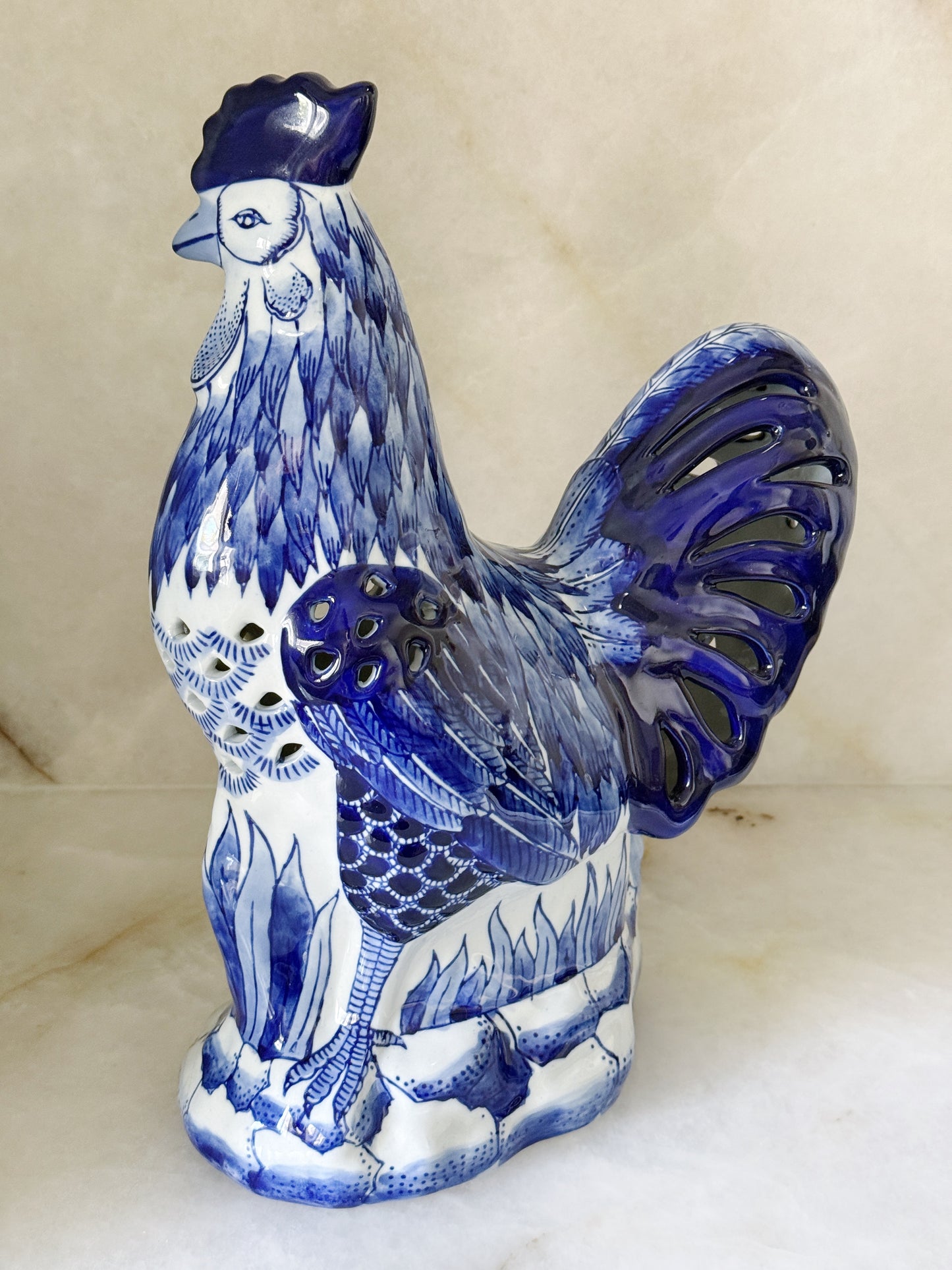 Vintage Blue & White Reticulated Chinoiserie Rooster Figurine