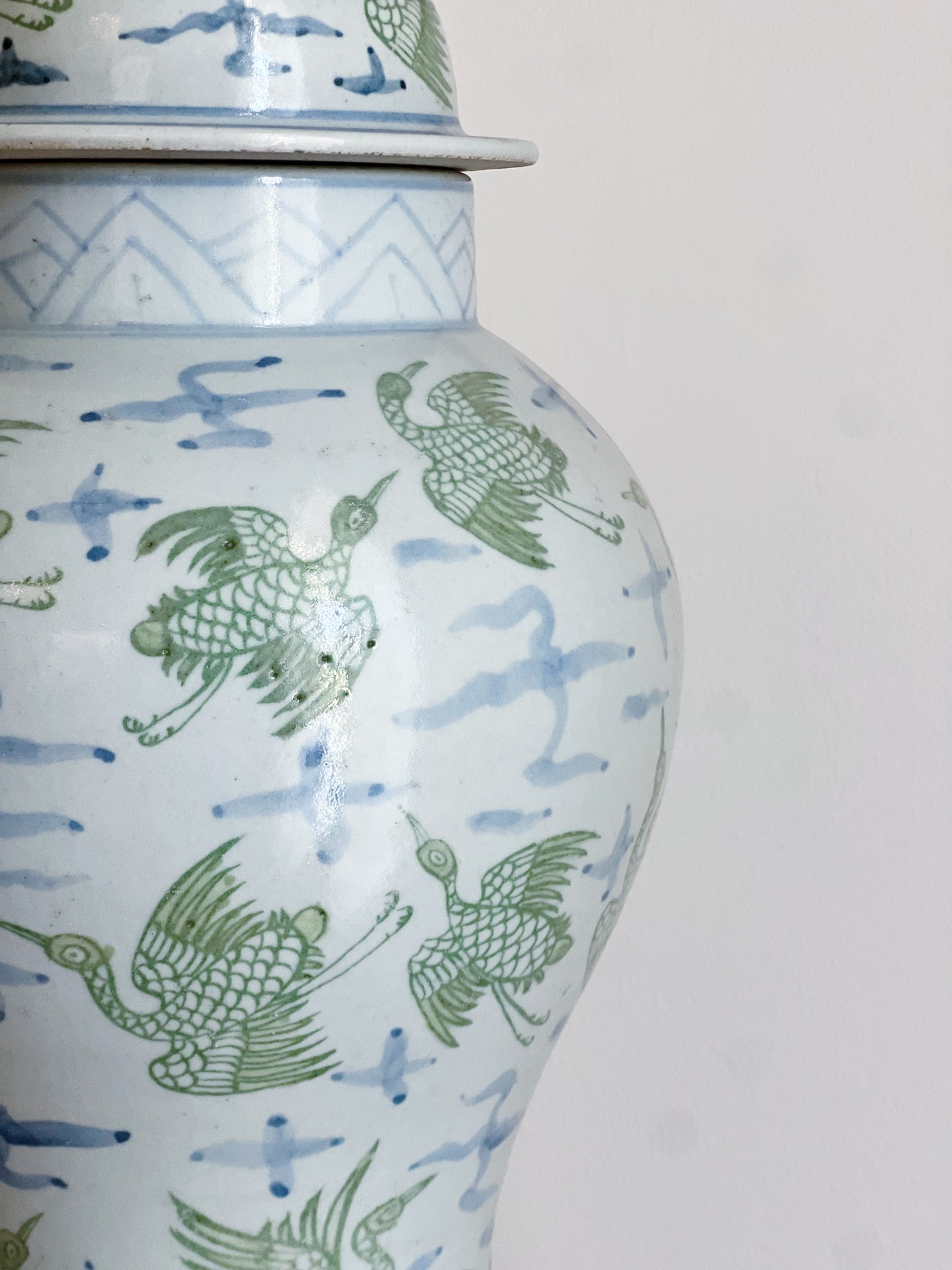 Green and blue crane ginger jar