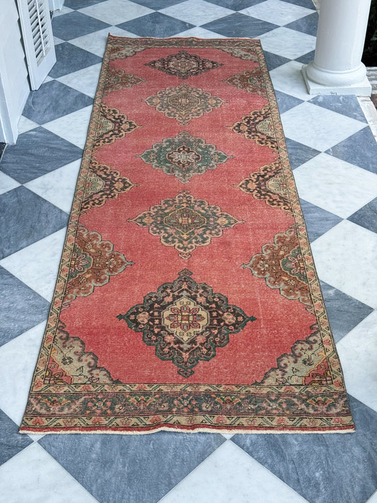 Vintage Turkish Oushak Runner Rug | Pink Medallion | 3.9' x 11.10'