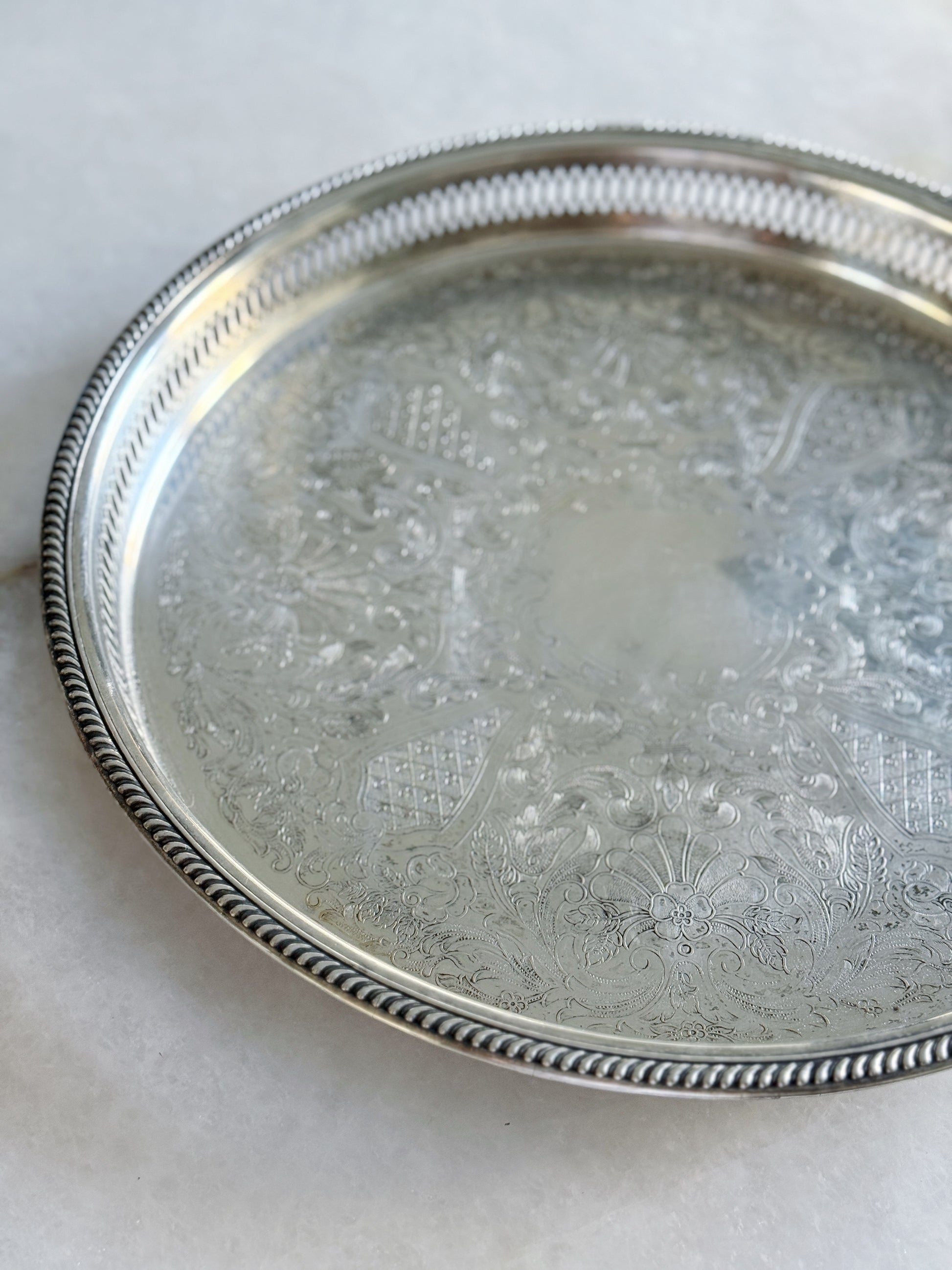 Vintage Round Silver Serving Tray with Reticulated Edge -15”