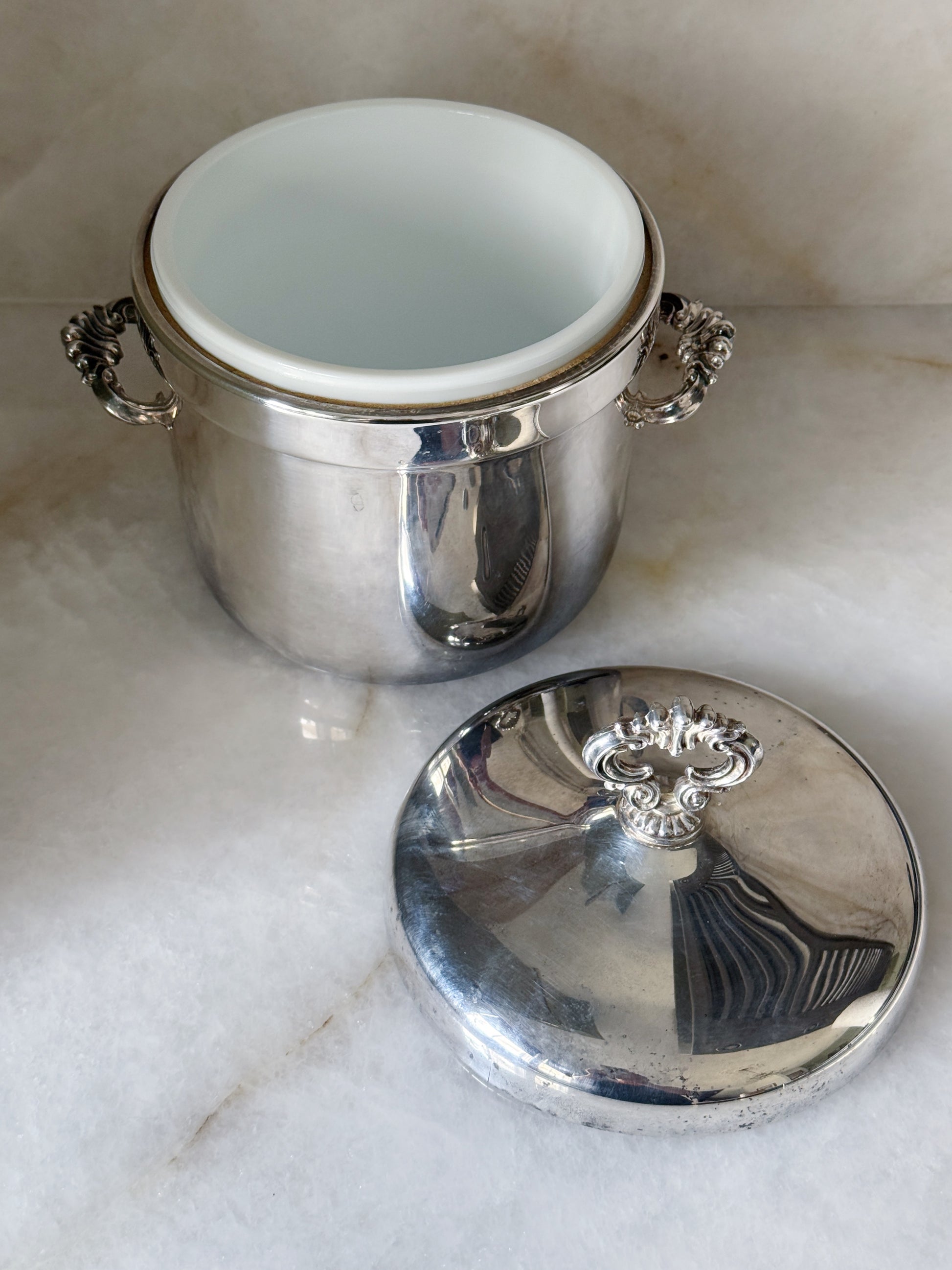 Vintage Silver-Plated Ice Bucket with Milk Glass Liner