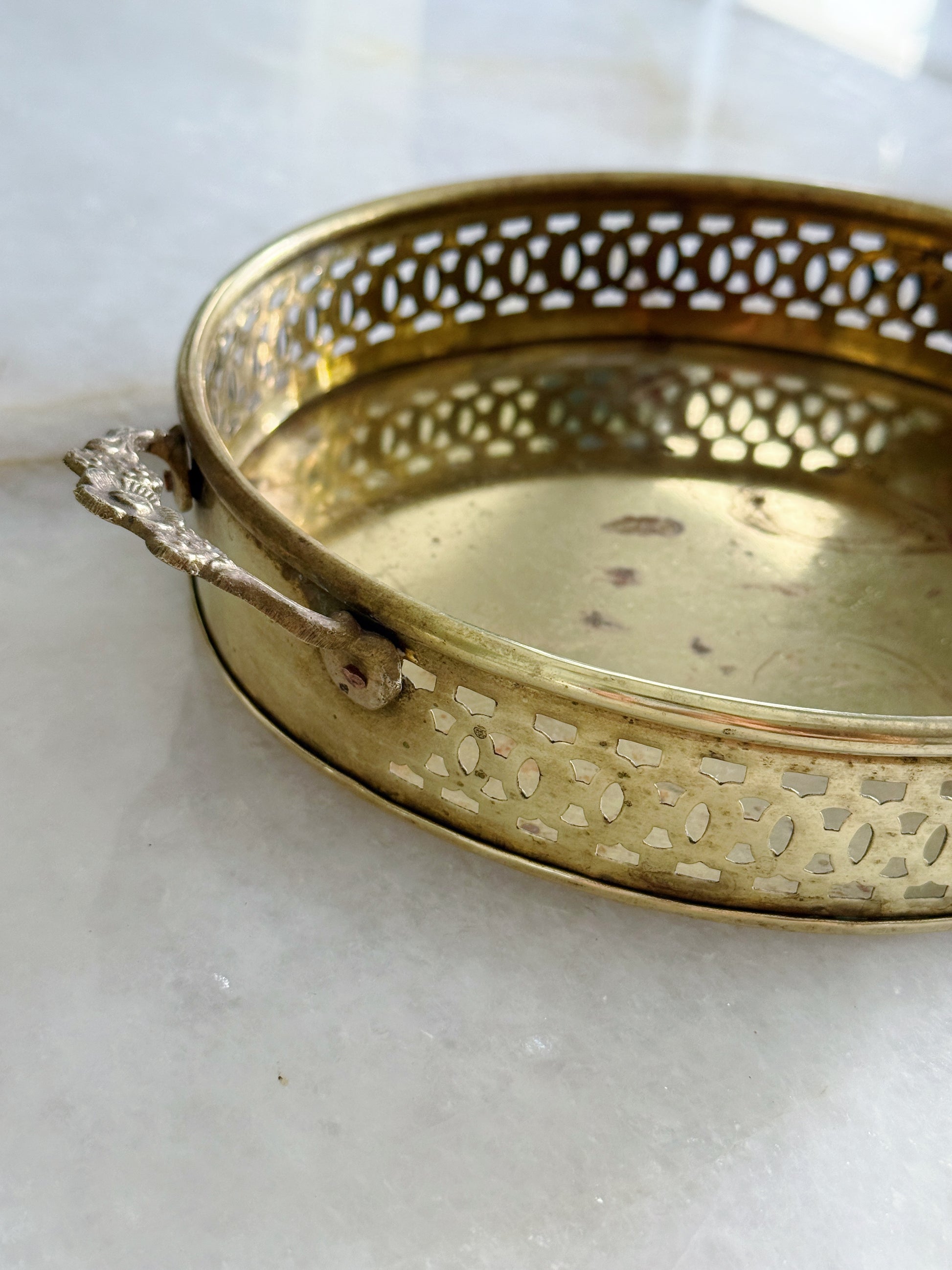 Vintage Brass Round Gallery Tray with Pierced Edge and Handles