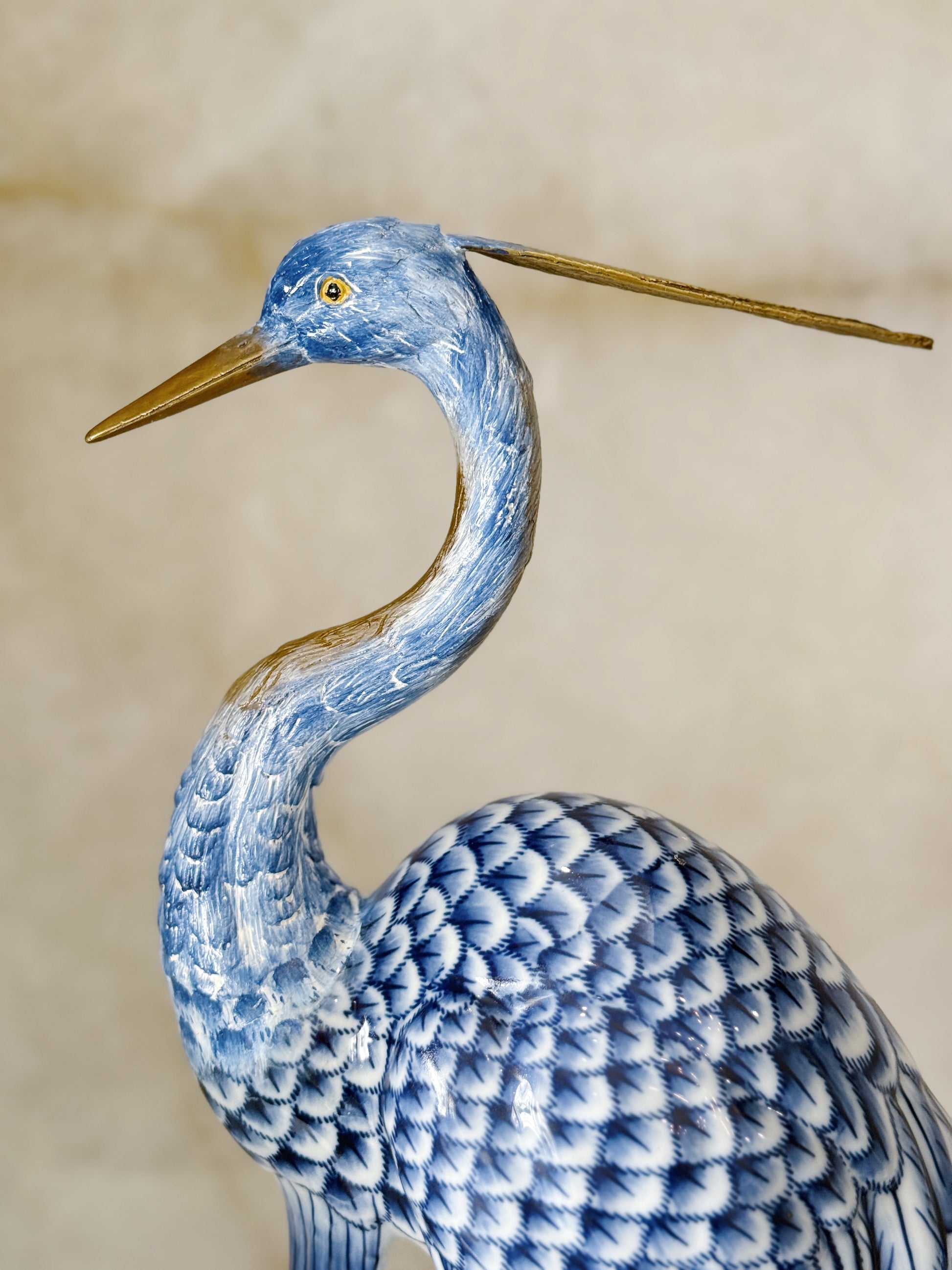 Large Blue & White Porcelain Egret Sculpture