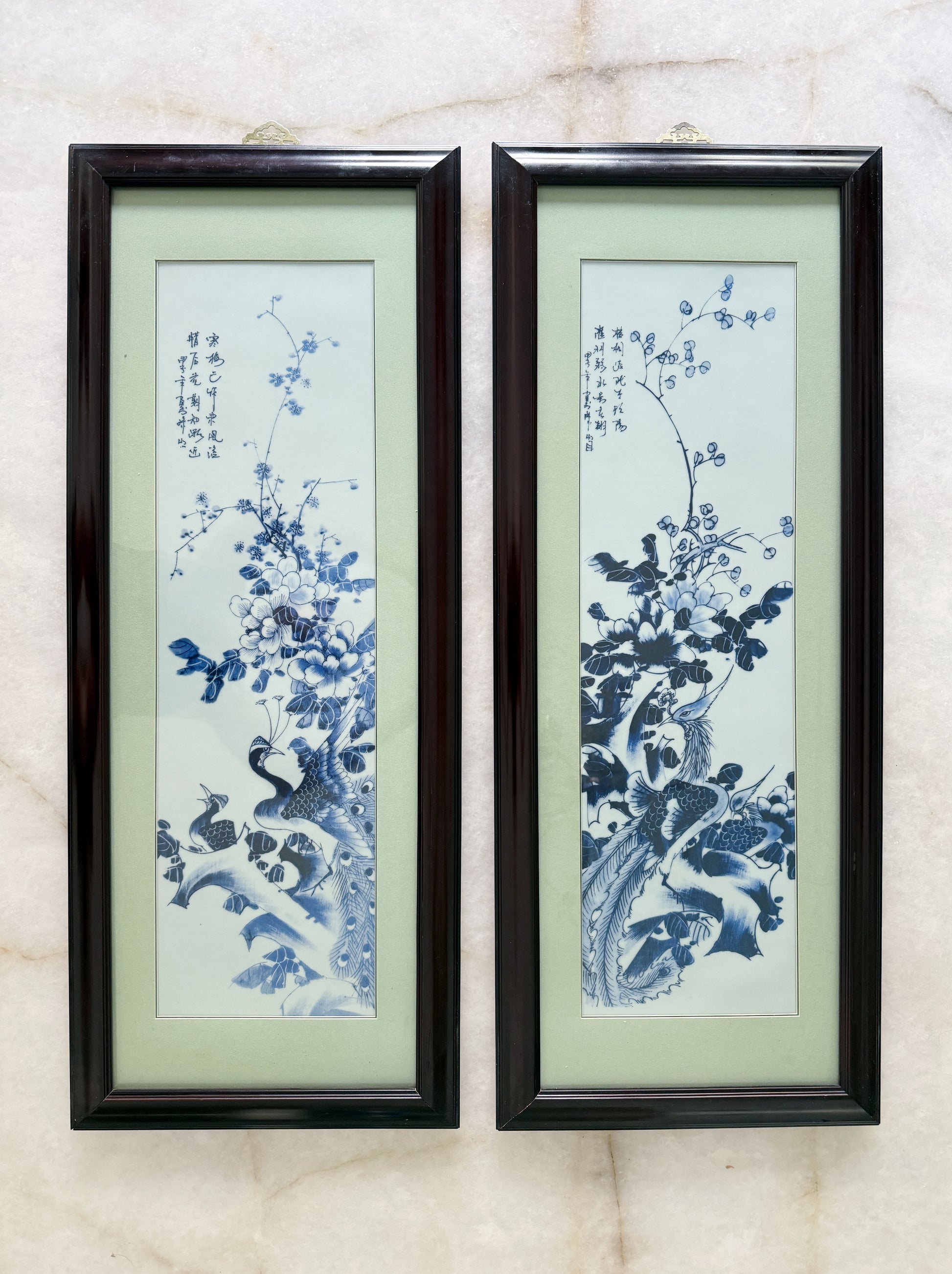 Vintage Framed Blue & White Porcelain Plaques – Pair