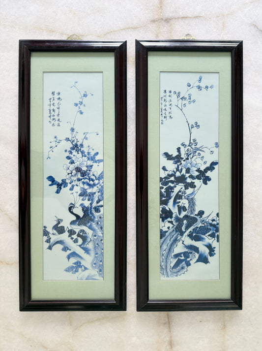 Vintage Framed Blue & White Porcelain Plaques – Pair