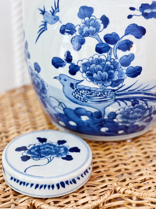 Blue and white ginger jar with bird and floral design