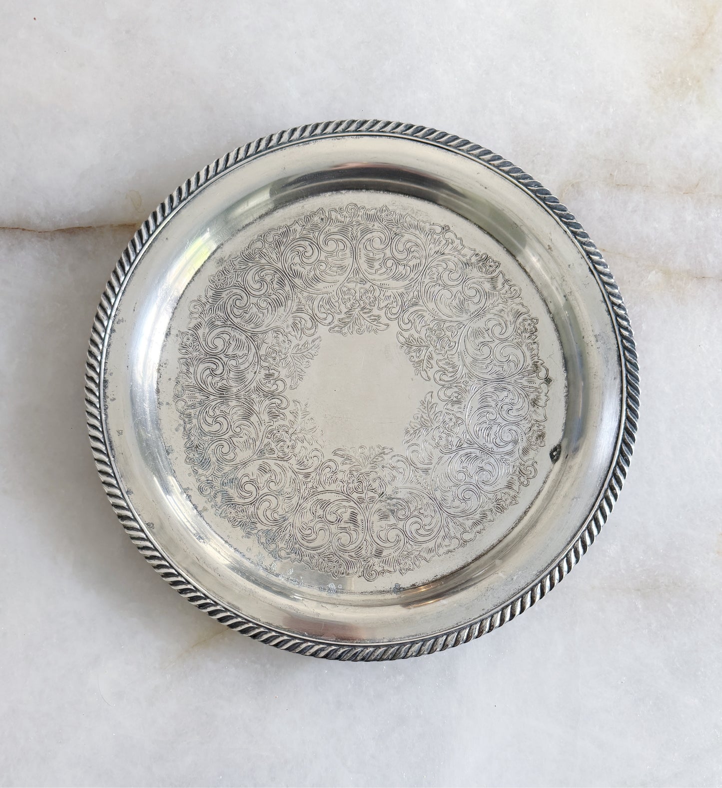 Vintage Silver Embossed Serving Tray with Rope Detail