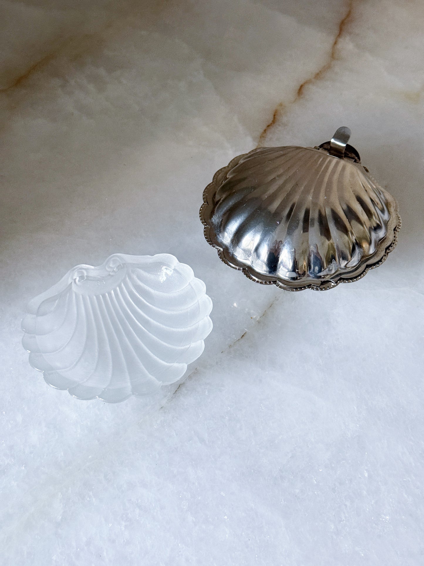 Vintage Silver Shell Caviar Dish with Glass Insert & Spoon