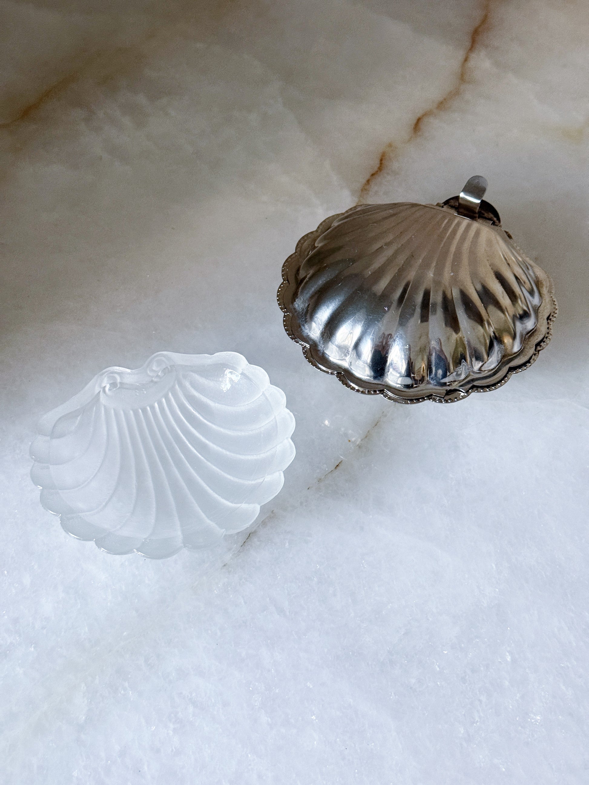 Vintage Silver Shell Caviar Dish with Glass Insert & Spoon