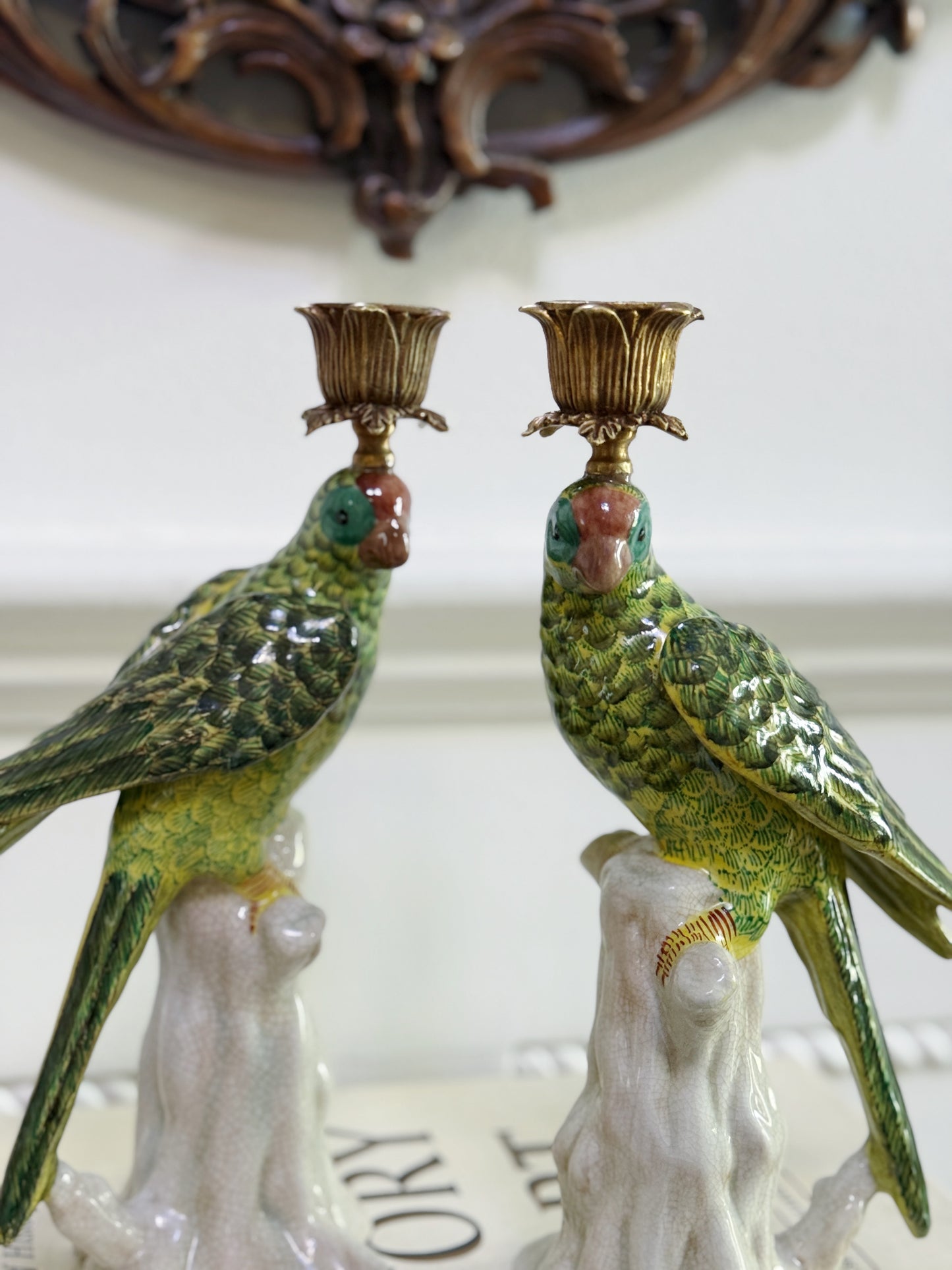 Pair of Green Hand Painted Parrot Candle Sticks