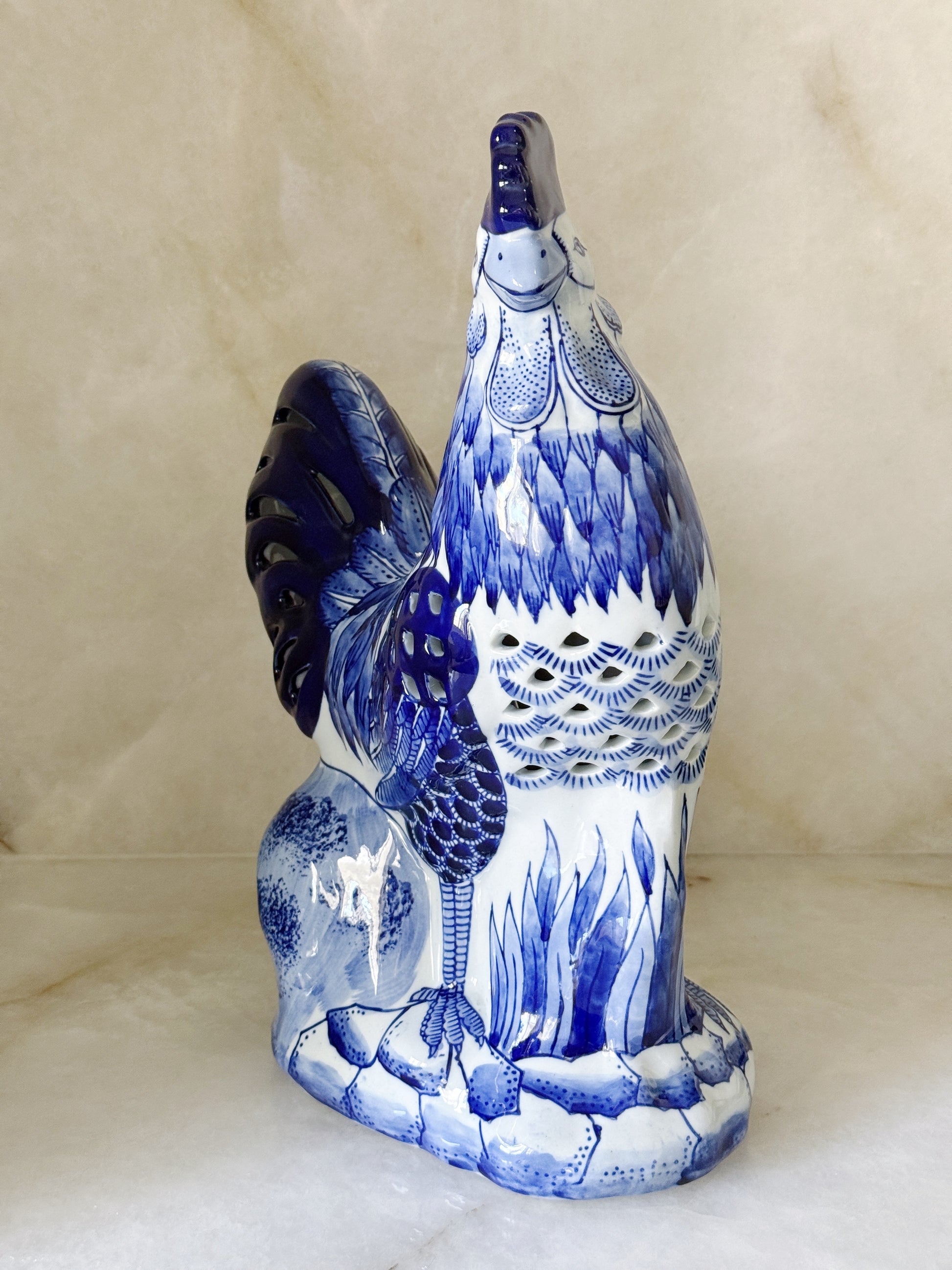 Vintage Blue & White Reticulated Chinoiserie Rooster Figurine