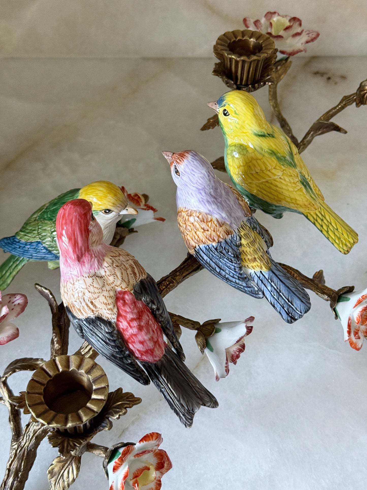 Hand Painted Porcelain Bird & Bronze Ormolu Branch Candelabra