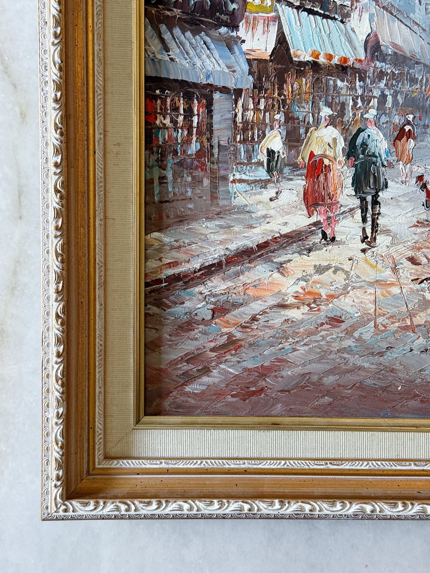 Vintage French Street Scene Framed Oil Painting