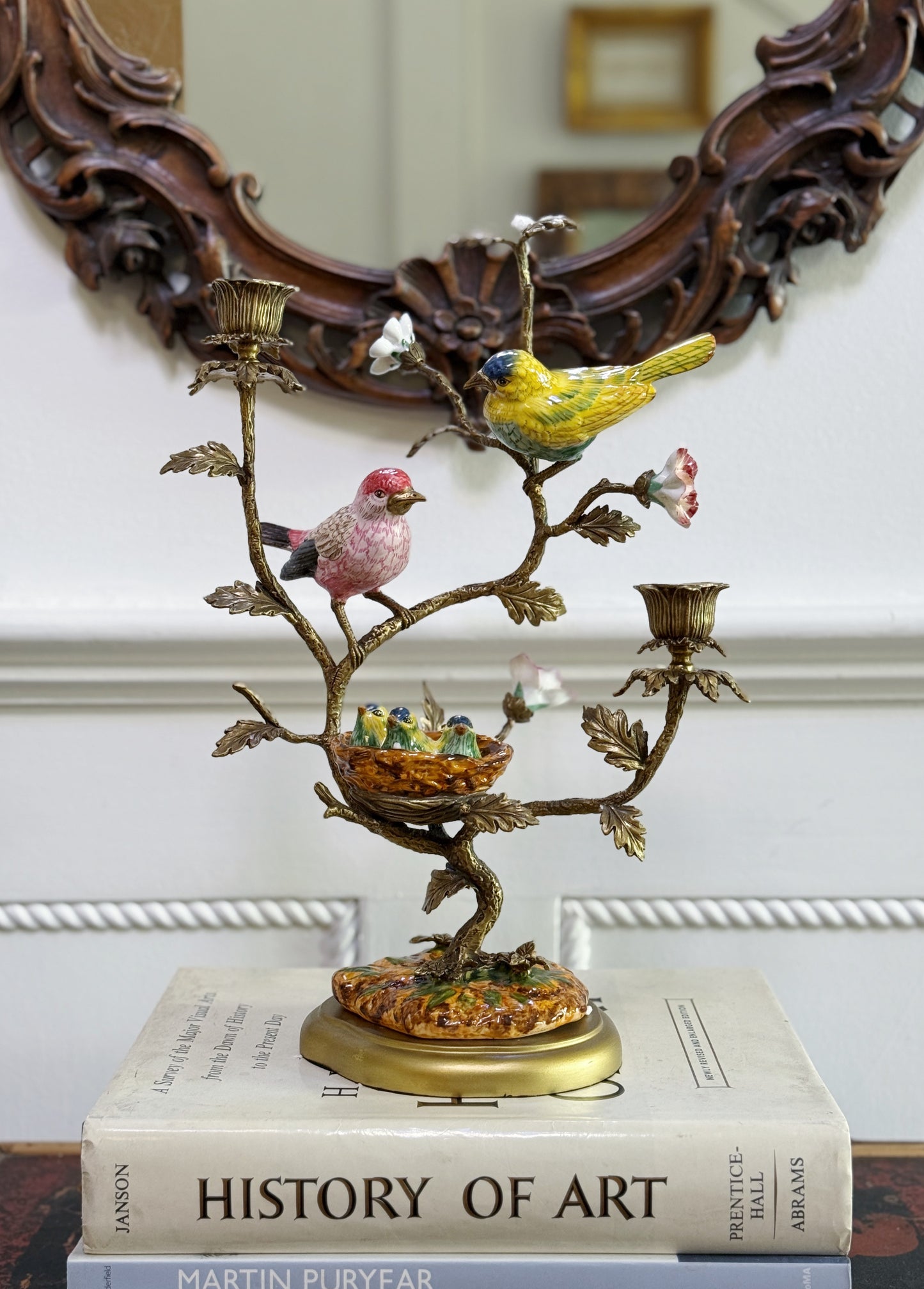 Hand Painted Bird Nest Candle Holder with Bronze Ormolu