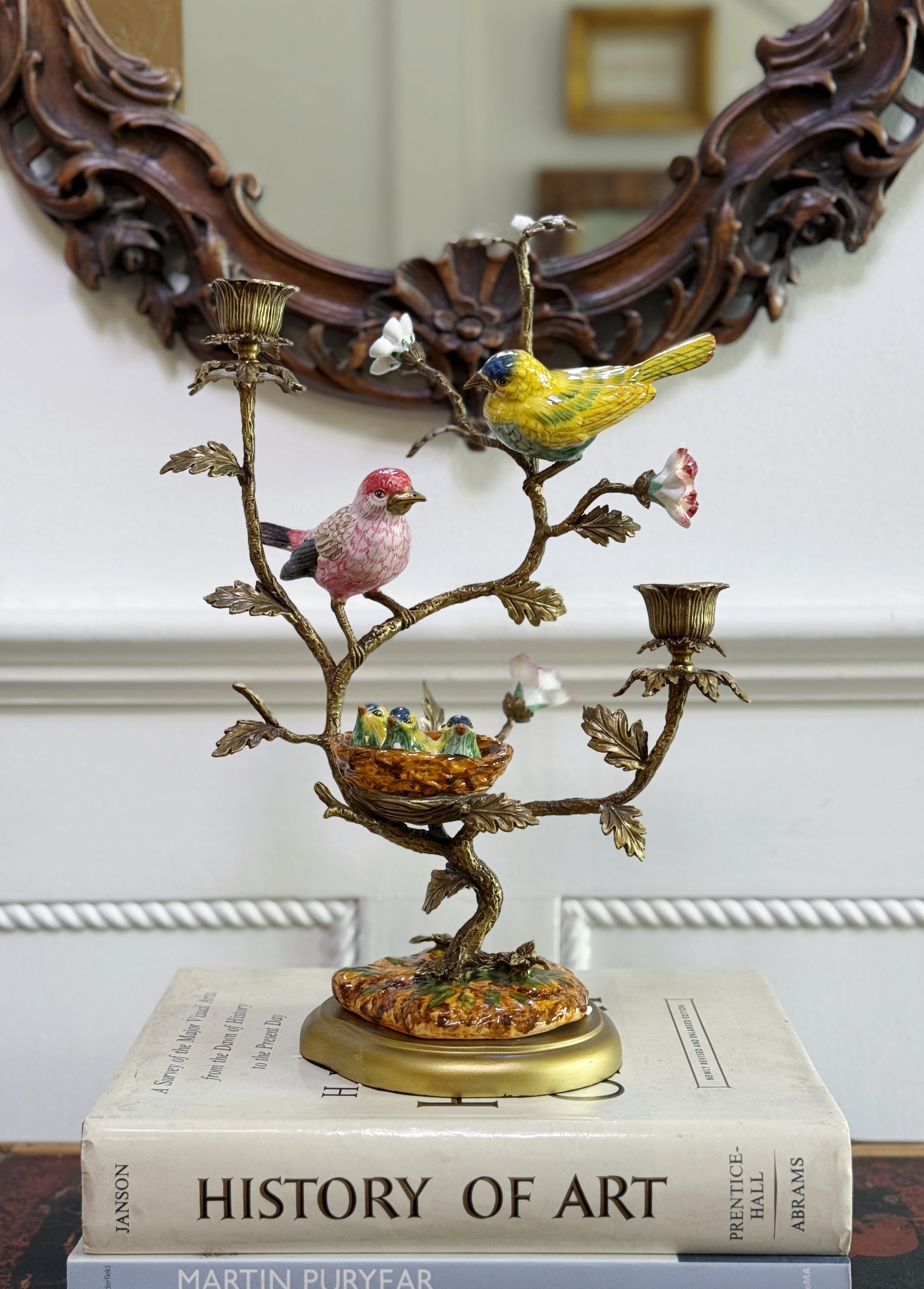 Hand Painted Bird Nest Candle Holder with Bronze Ormolu