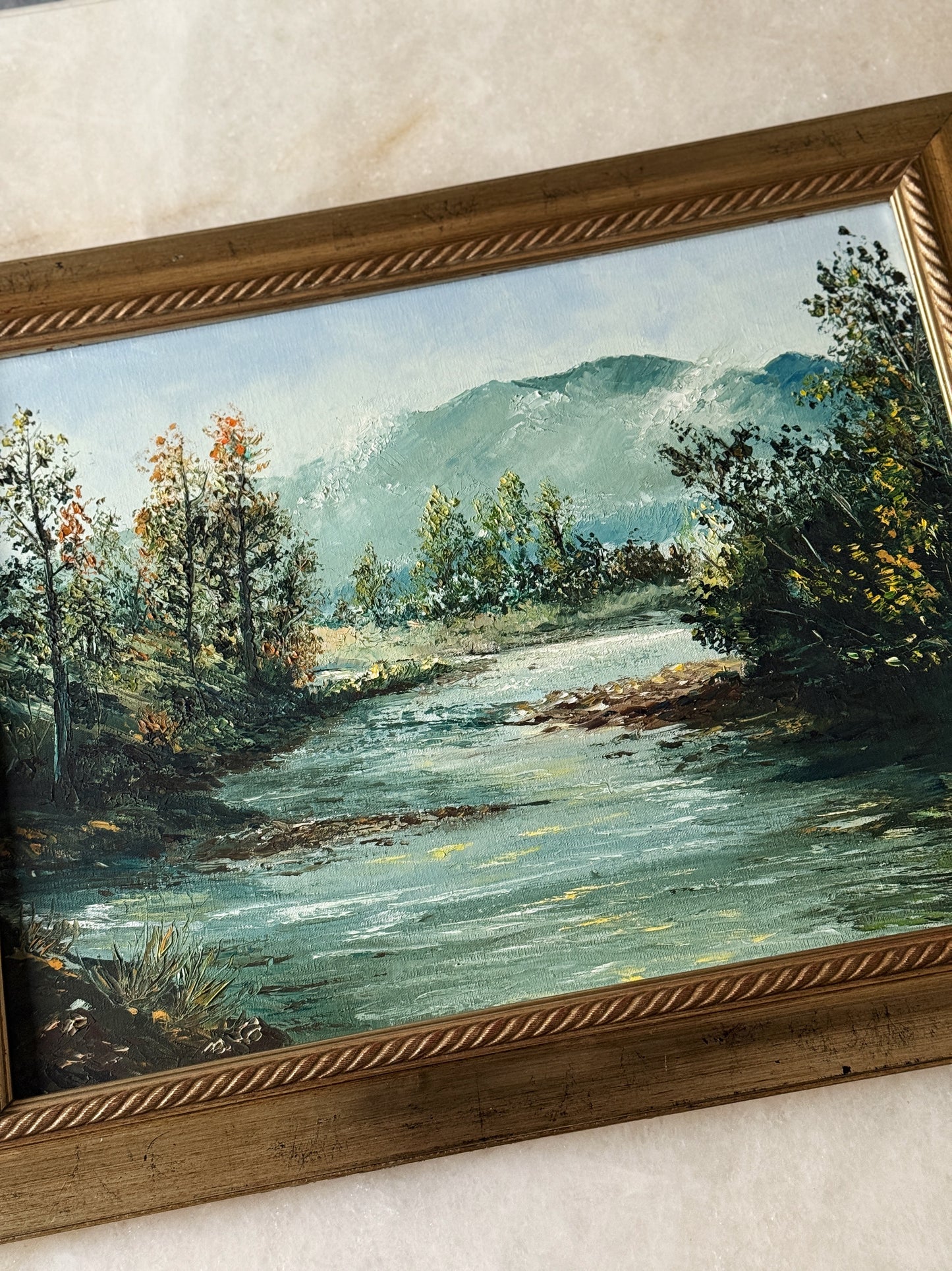 Vintage Framed Oil Painting - Mountain River Landscape
