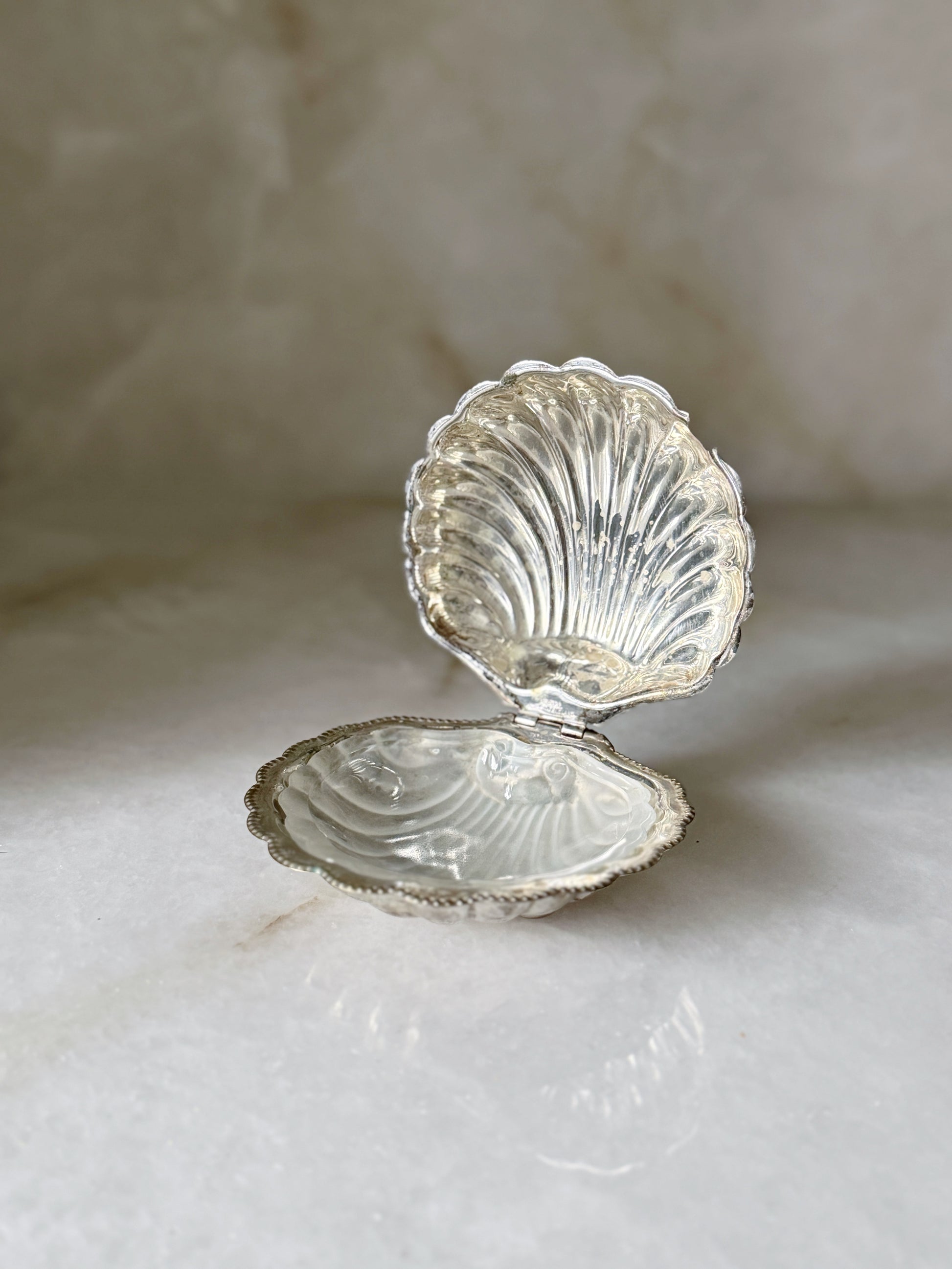 Vintage Silver Clamshell Caviar Dish with Glass Insert