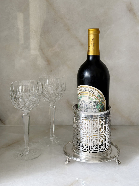 Vintage Silverplate Reticulated Wine Bottle Holder With vintage Waterford wine hock glasses 