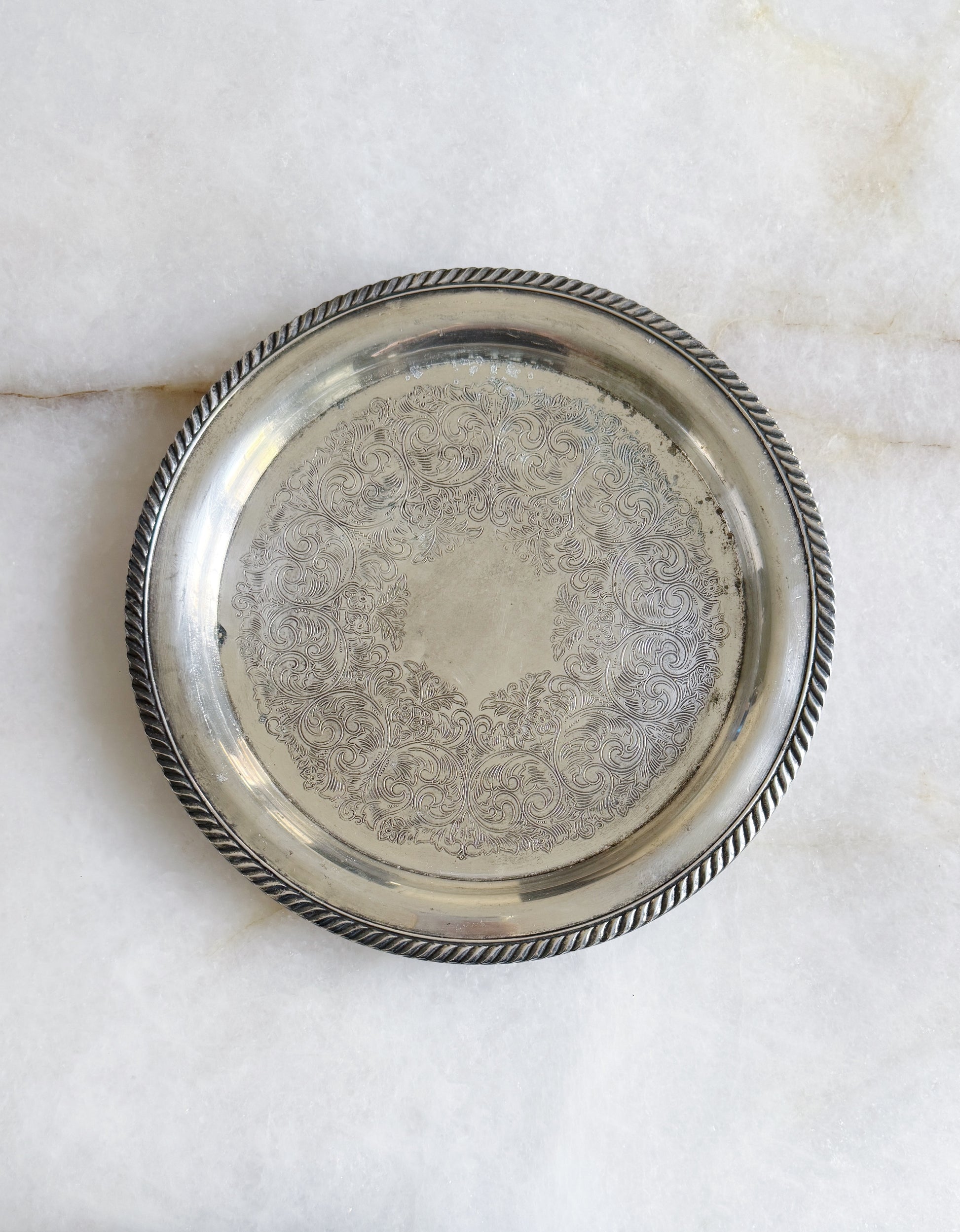 Vintage Round Silver Serving Tray with Rope Edge Detail 