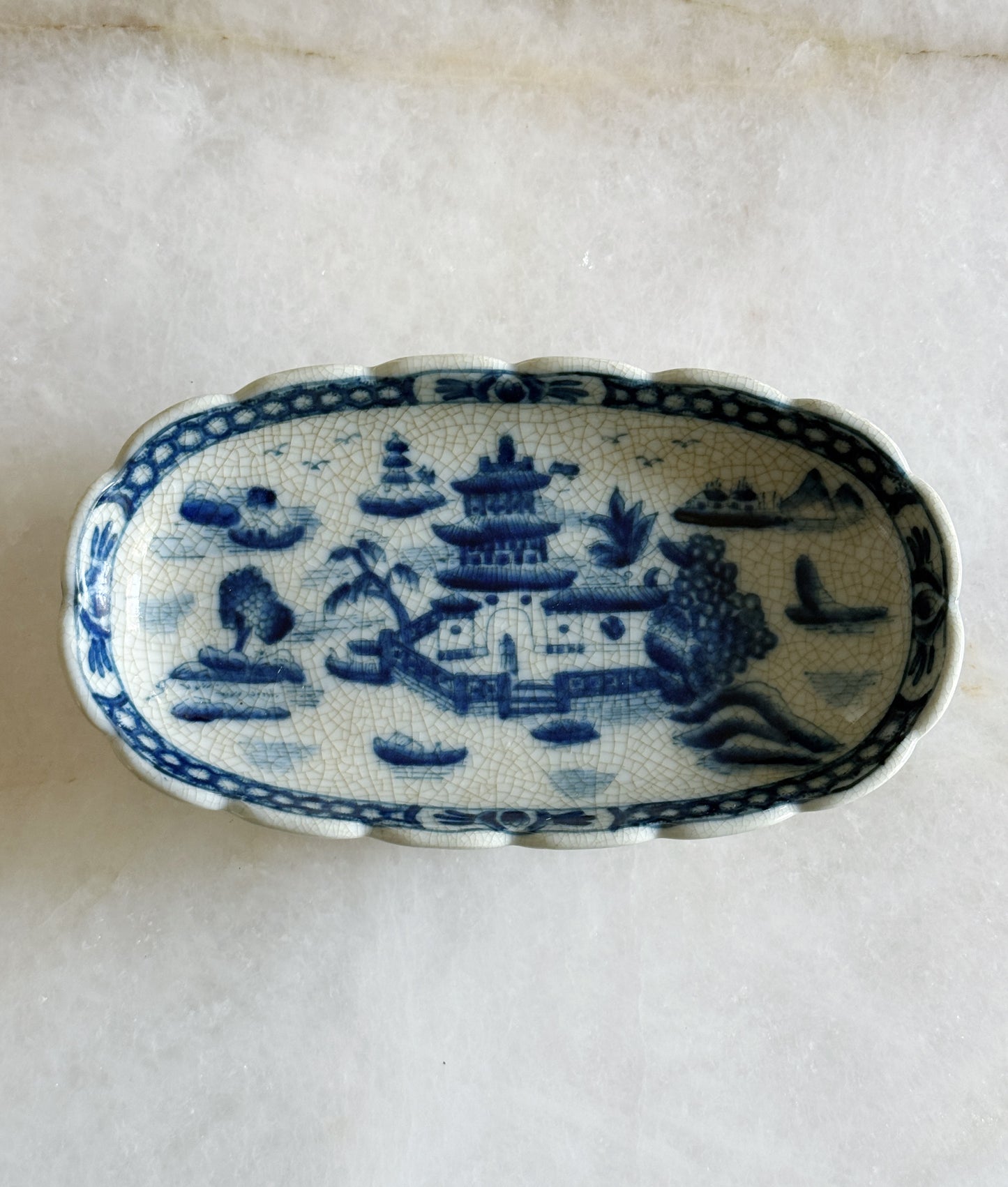 Blue & White Chinoiserie Footed Oval Dish