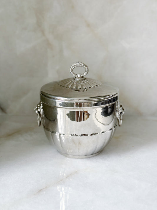 Vintage silver ice bucket with insert and lions head handles 