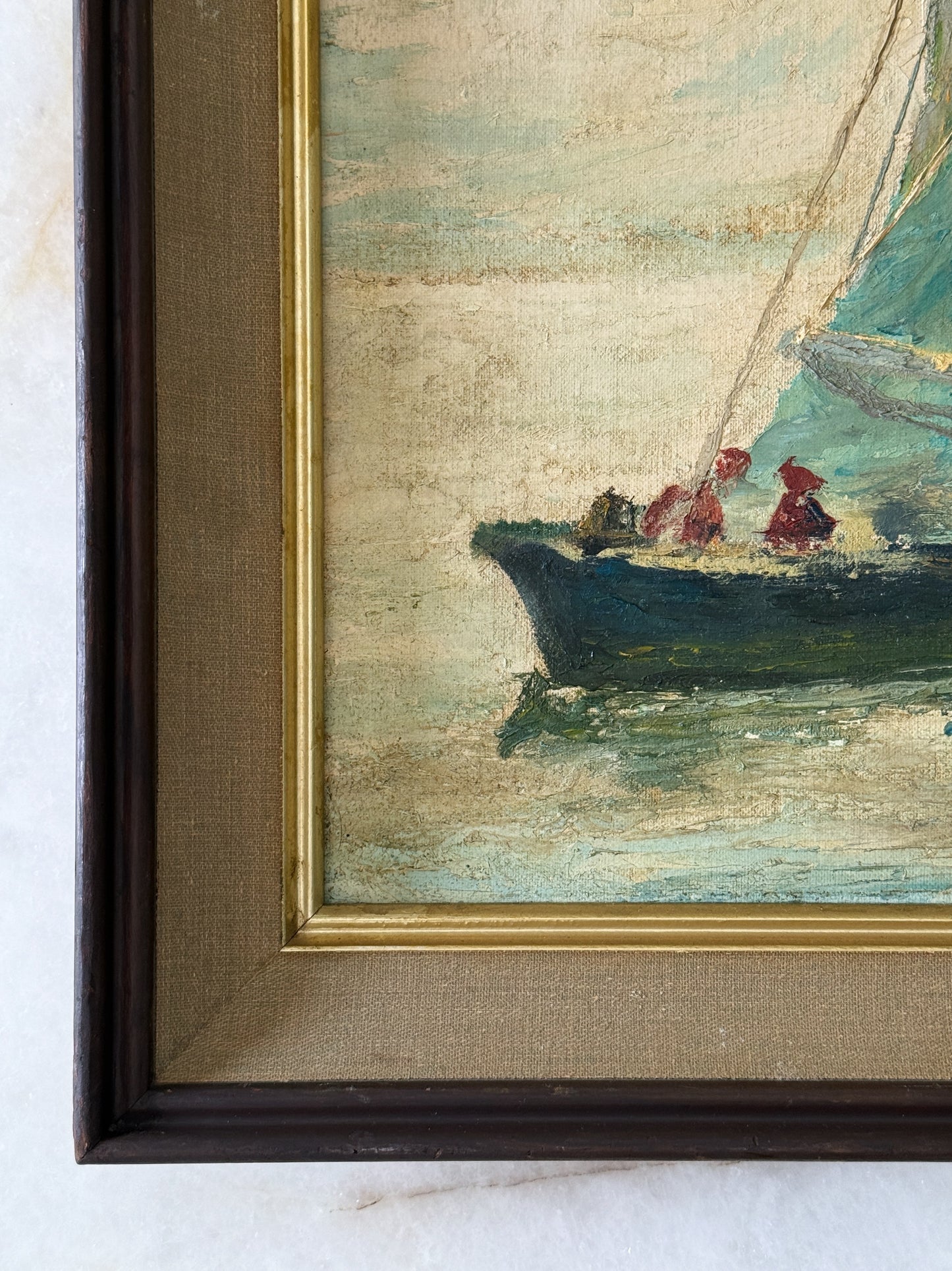 Vintage European Harbor Oil Painting in Wood & Linen Frame | Textured Coastal Seascape