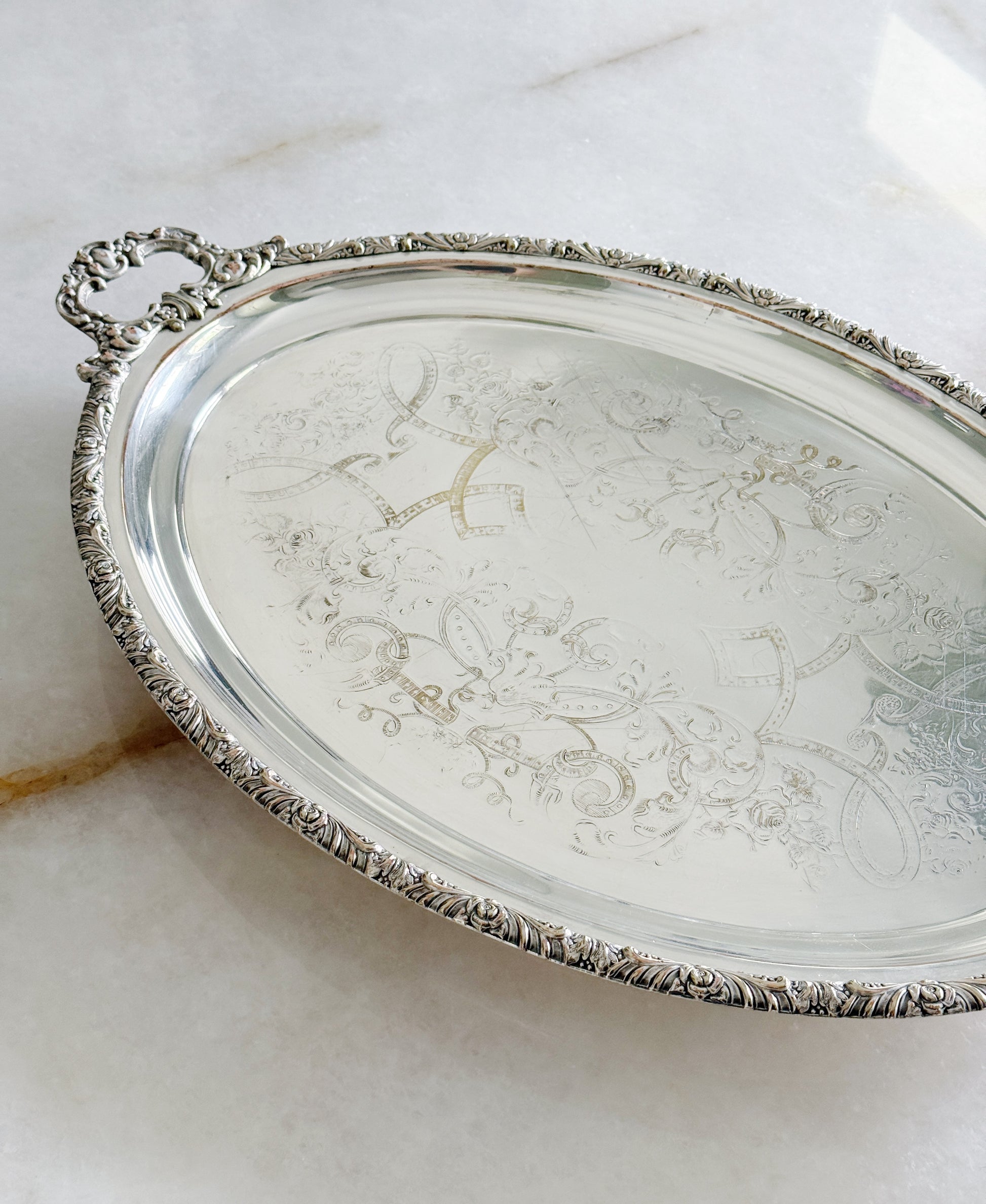 Vintage Silver-Plated Serving Tray with Ornate Handles