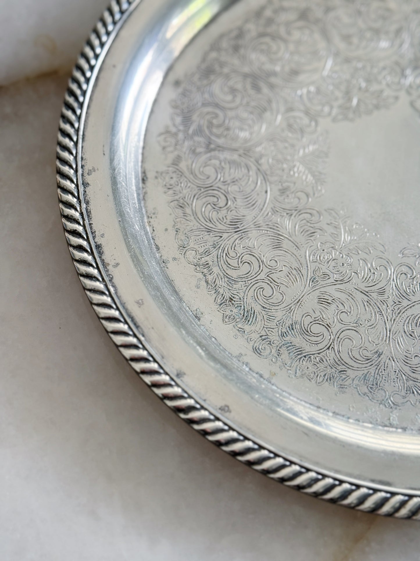 Vintage Silver Embossed Serving Tray with Rope Detail