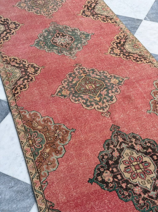Vintage Turkish Oushak Runner Rug | Pink Medallion | 3.9' x 11.10'