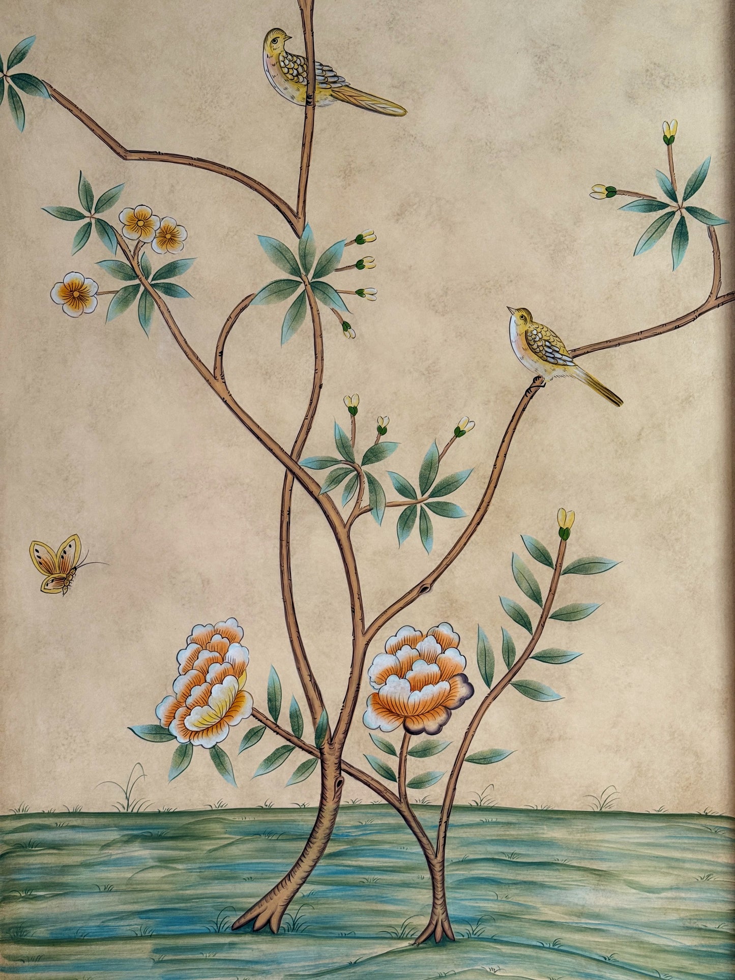 Hand-Painted Framed Chinoiserie Bird Panels, Set of 2