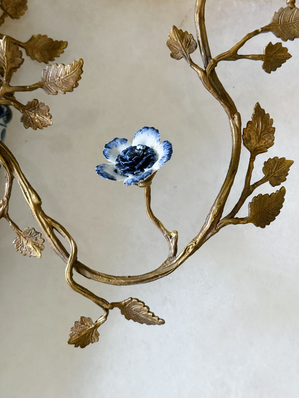 Blue & White Porcelain Bird Wall Sconces with Ormolu Branches – Pair