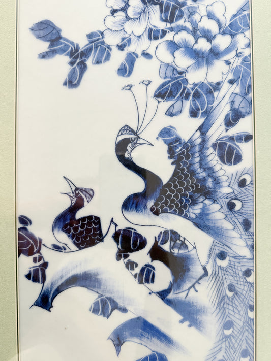 Vintage Framed Blue & White Porcelain Plaques – Pair